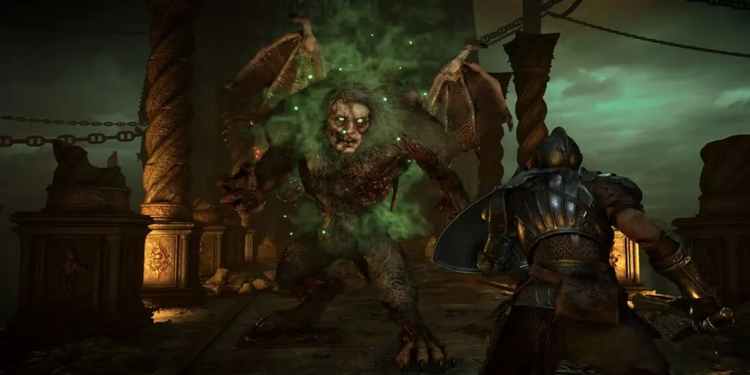 Trùm Maneaters từ Demon's Souls Remake đang bay lượn trên một cây cầu hẹp