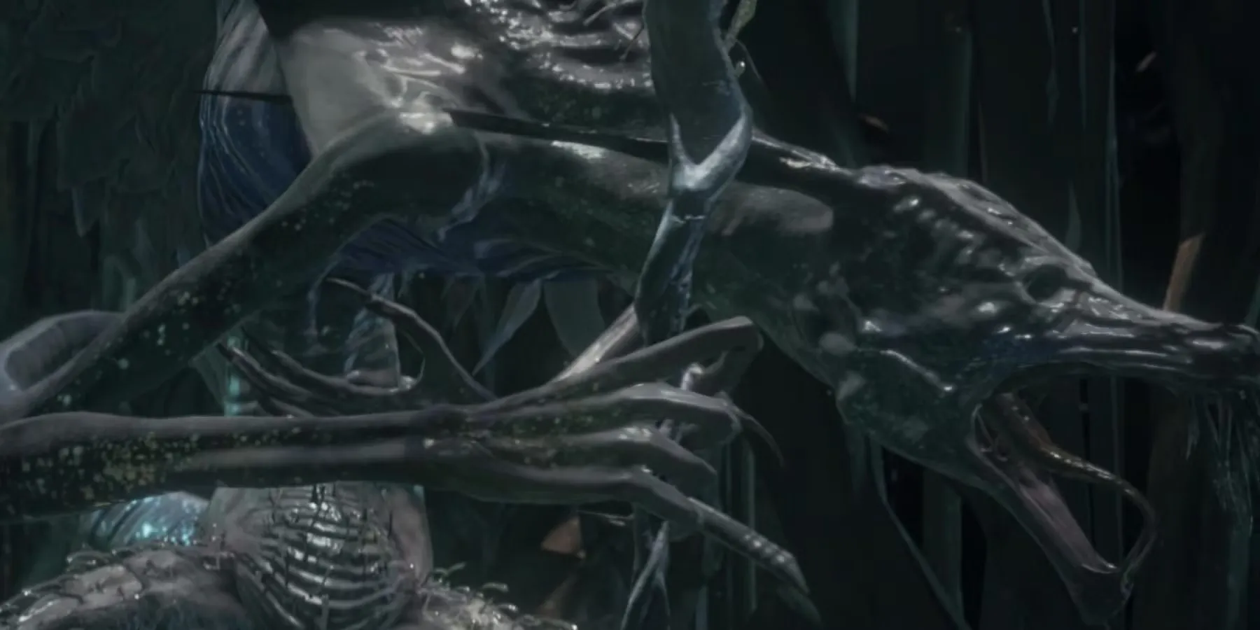 Trùm Oceiros từ Dark Souls 3, một sinh vật giống rồng gầy gò với đôi cánh tả tơi