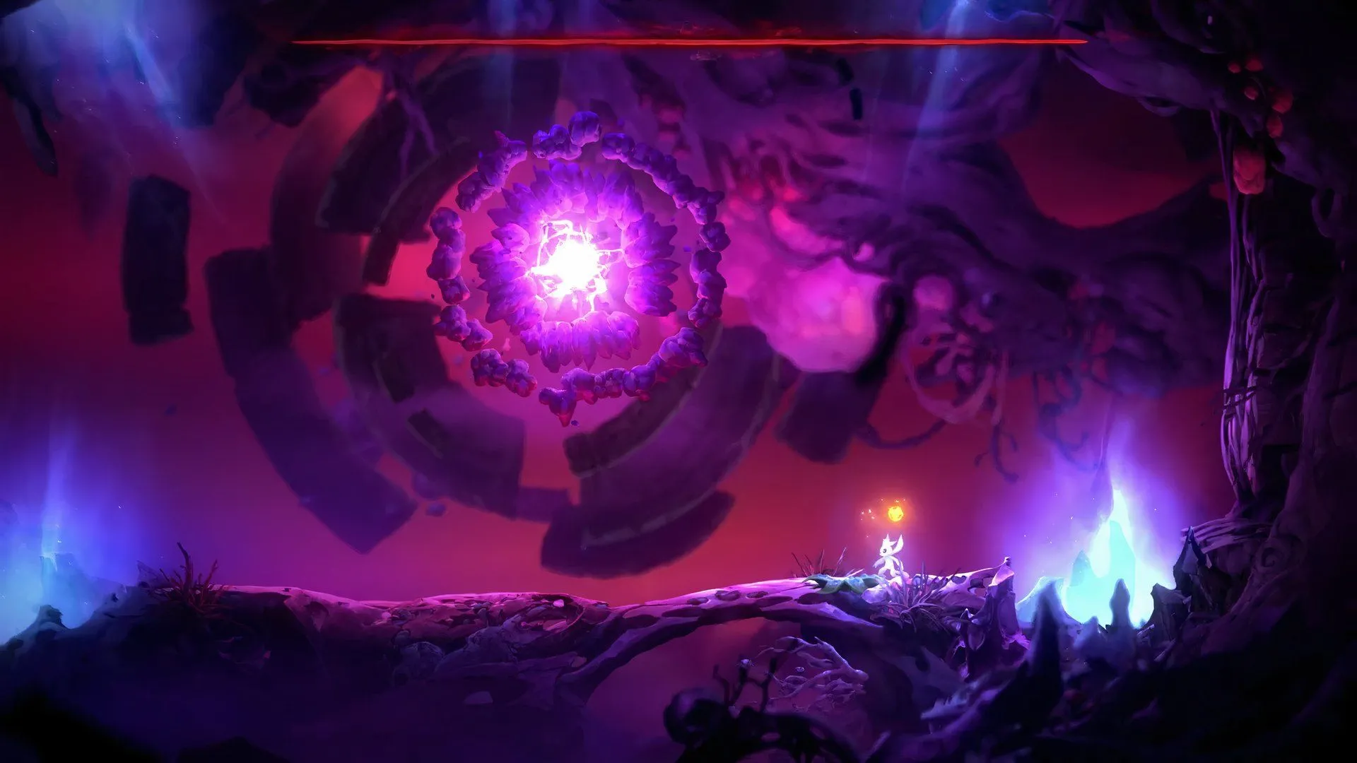 Trùm Willow Stone phía trên nhân vật chính Ori trong tựa game platformer Ori and the Will of the Wisps