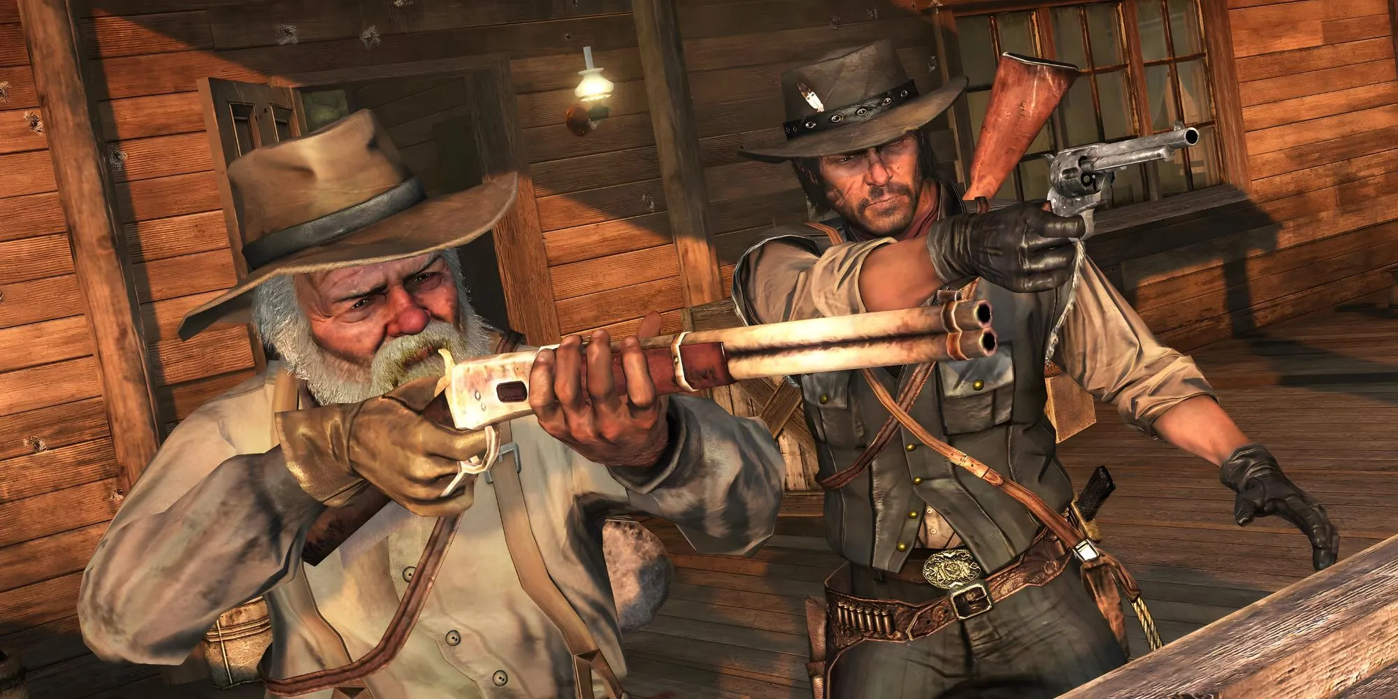 Uncle và John Marston ở cuối Red Dead Redemption, tượng trưng cho cuộc sống nông trại bình dị nhưng ngắn ngủi.