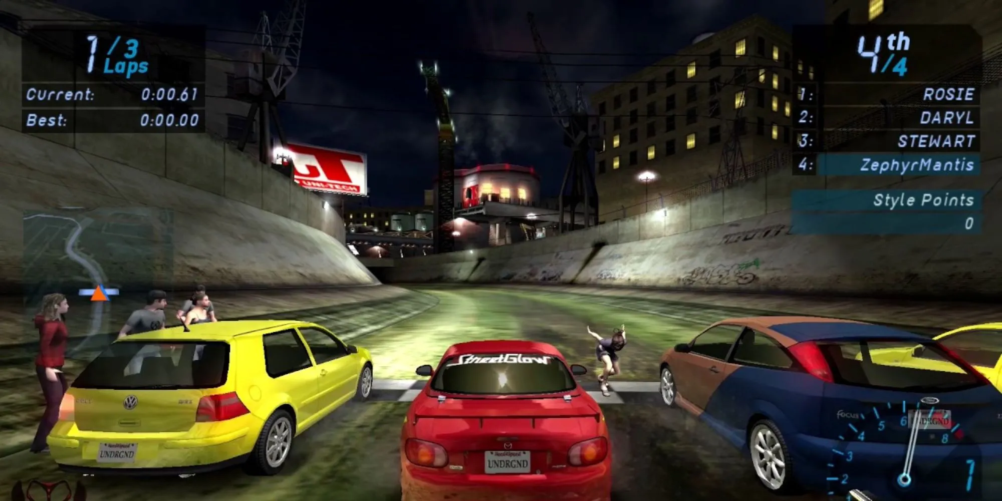 Xe đua trong Need For Speed Underground 1 trên PS2 với hiệu ứng ánh sáng đêm đặc trưng nhưng đồ họa đã cũ