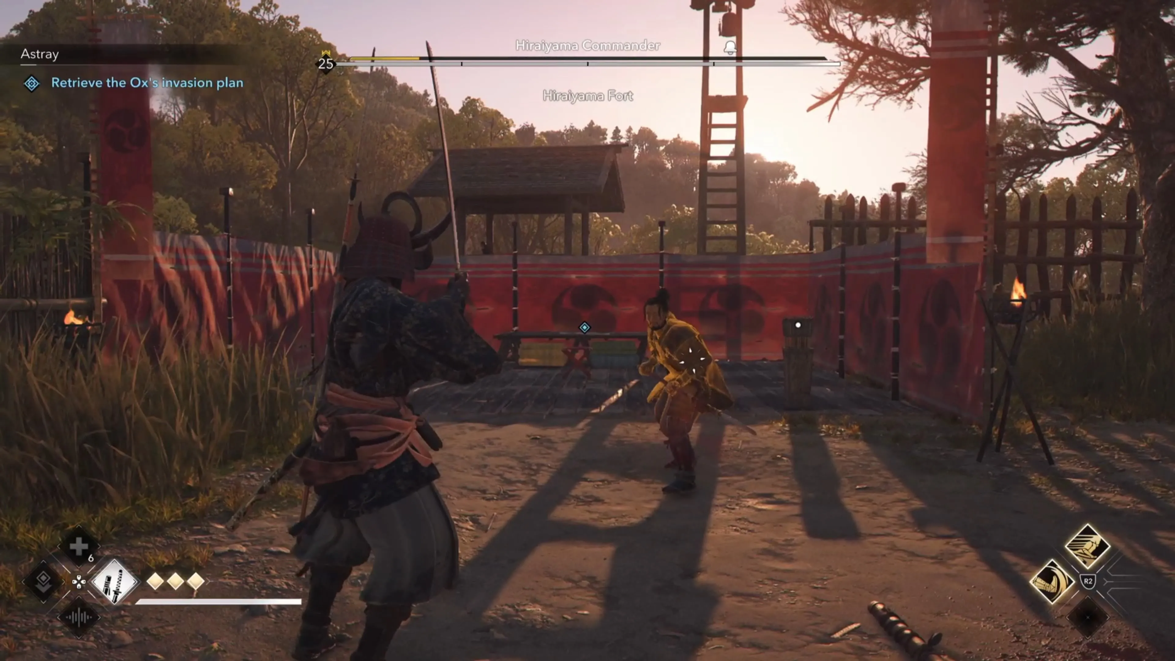 Yasuke chiến đấu với Chỉ huy Hiraiyama tại đỉnh pháo đài trong Assassin's Creed Shadows