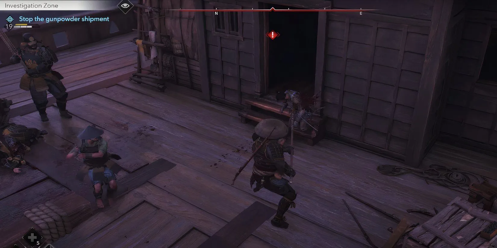 Yasuke chiến đấu với lính gác trên con tàu trong nhiệm vụ Nagahama Black Powder của Assassin's Creed Shadows.