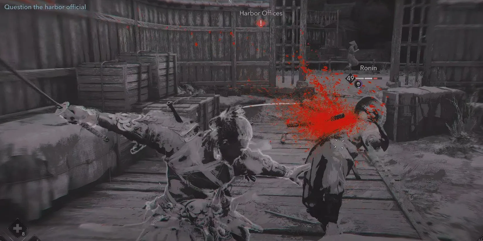Yasuke dọn dẹp khu vực bến cảng đầy lính gác trong nhiệm vụ The Wheel Unmasked của Assassin's Creed Shadows.