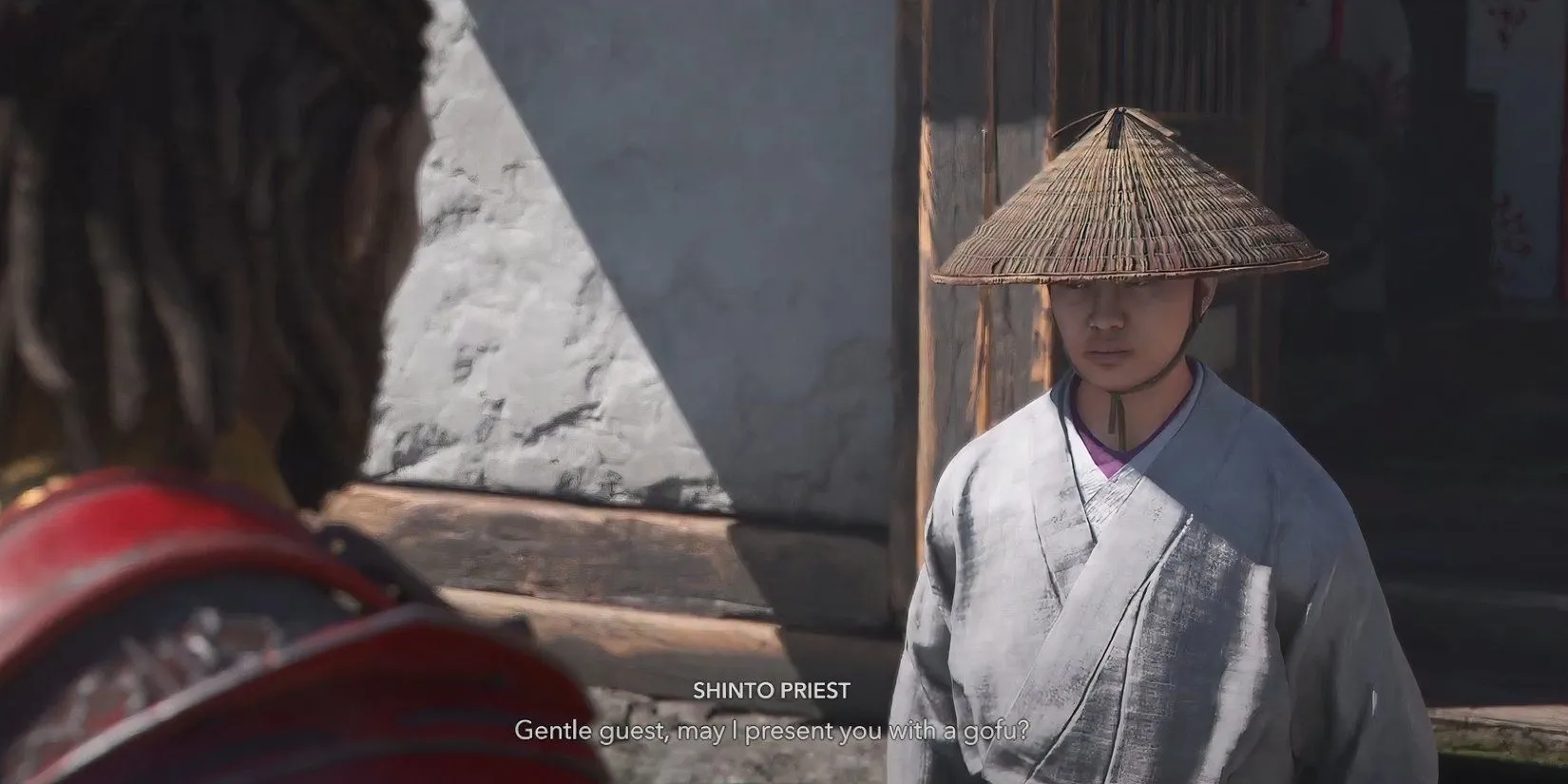Yasuke thực hiện một nghi lễ thanh tẩy tại đền thờ cho Lady Oichi trong Assassin's Creed Shadows, nhận Gofu.
