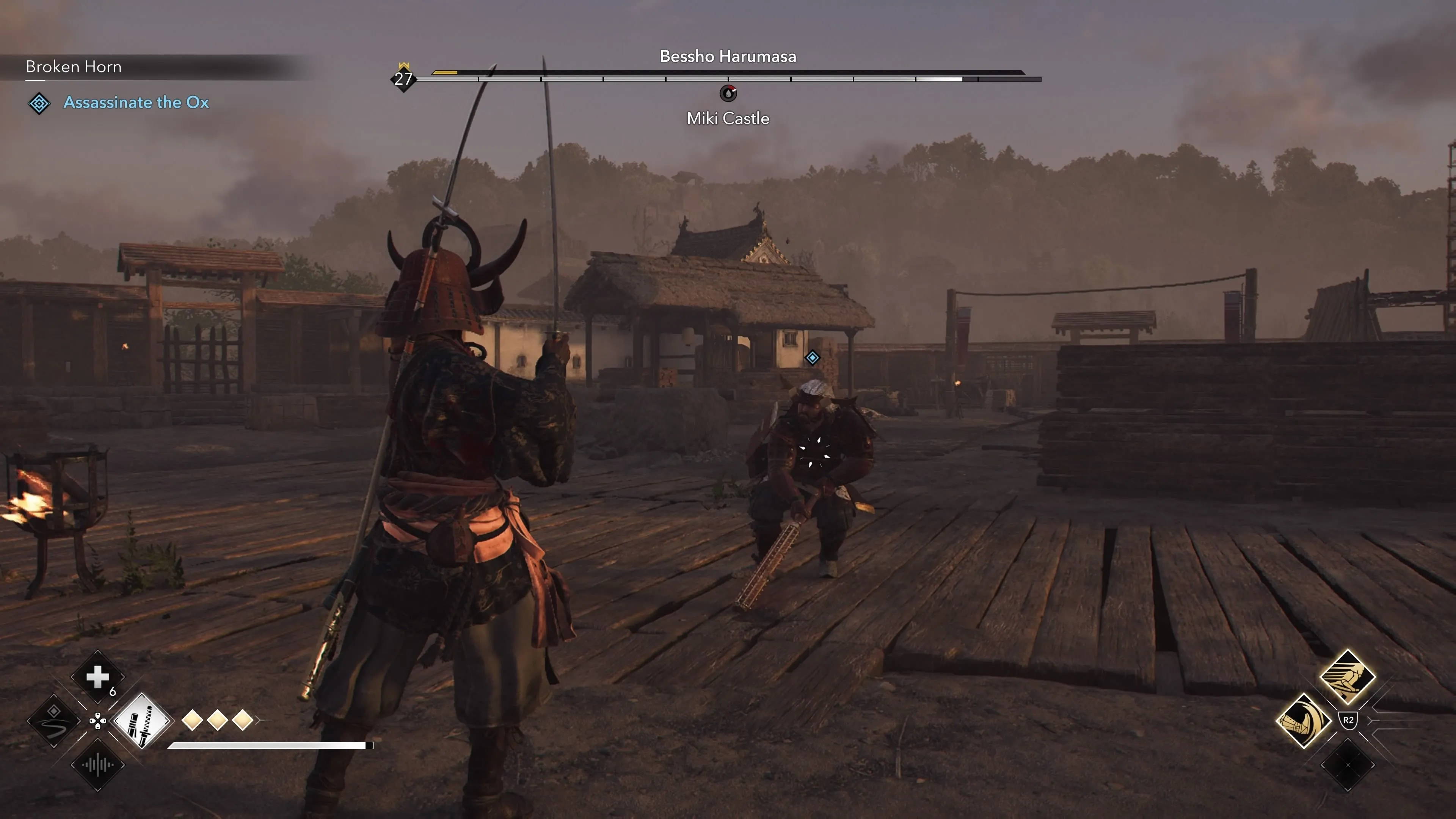 Yasuke trong trận chiến sinh tử với The Ox tại Lâu đài Miki trong Assassin's Creed Shadows