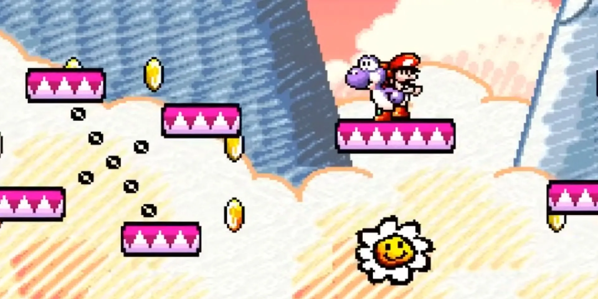 Yoshi đứng trên một bục trong game Yoshi's Island
