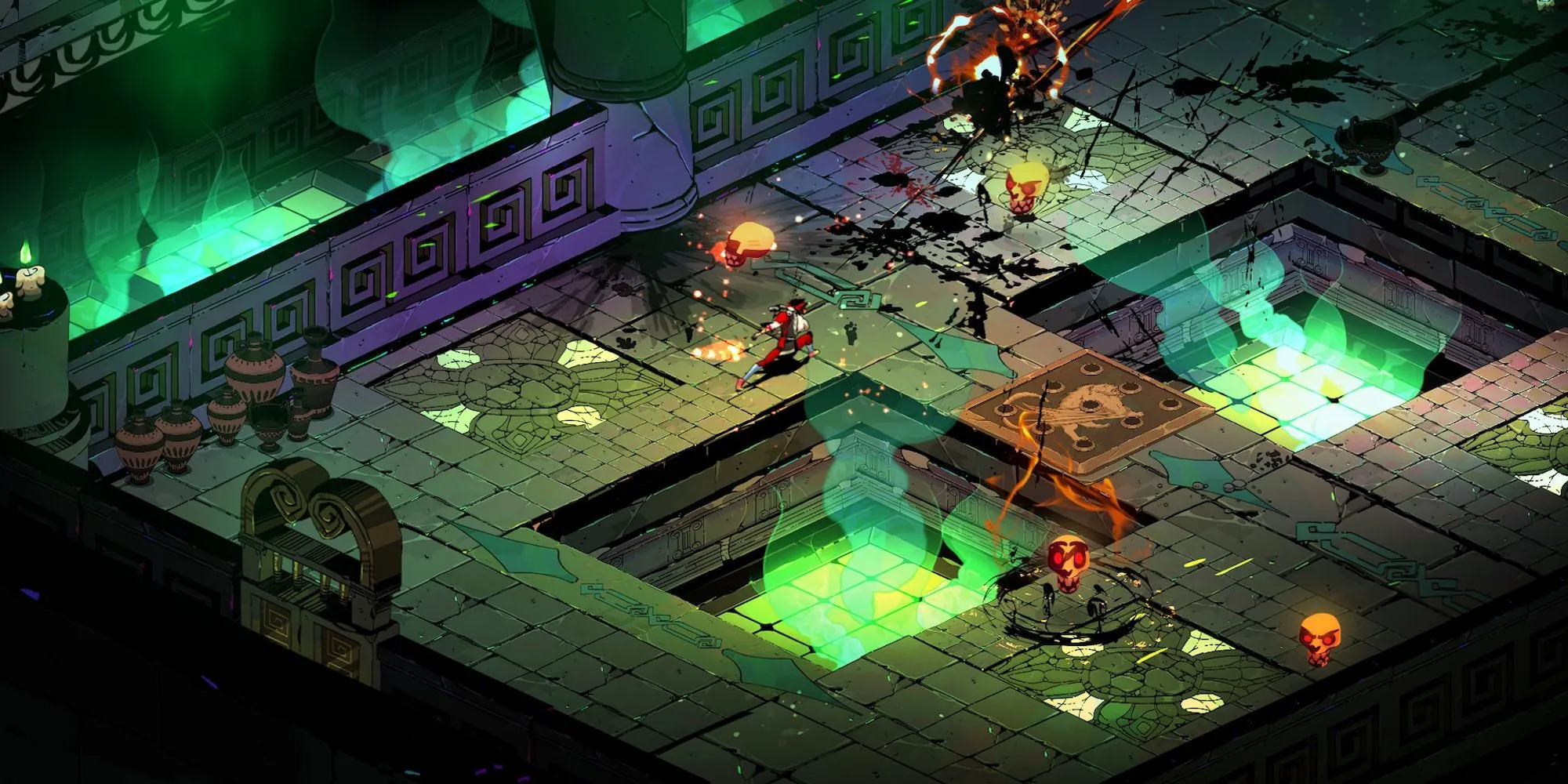 Zagreus, nhân vật chính của Hades, đang chiến đấu với kẻ thù trong một căn phòng của Âm Phủ