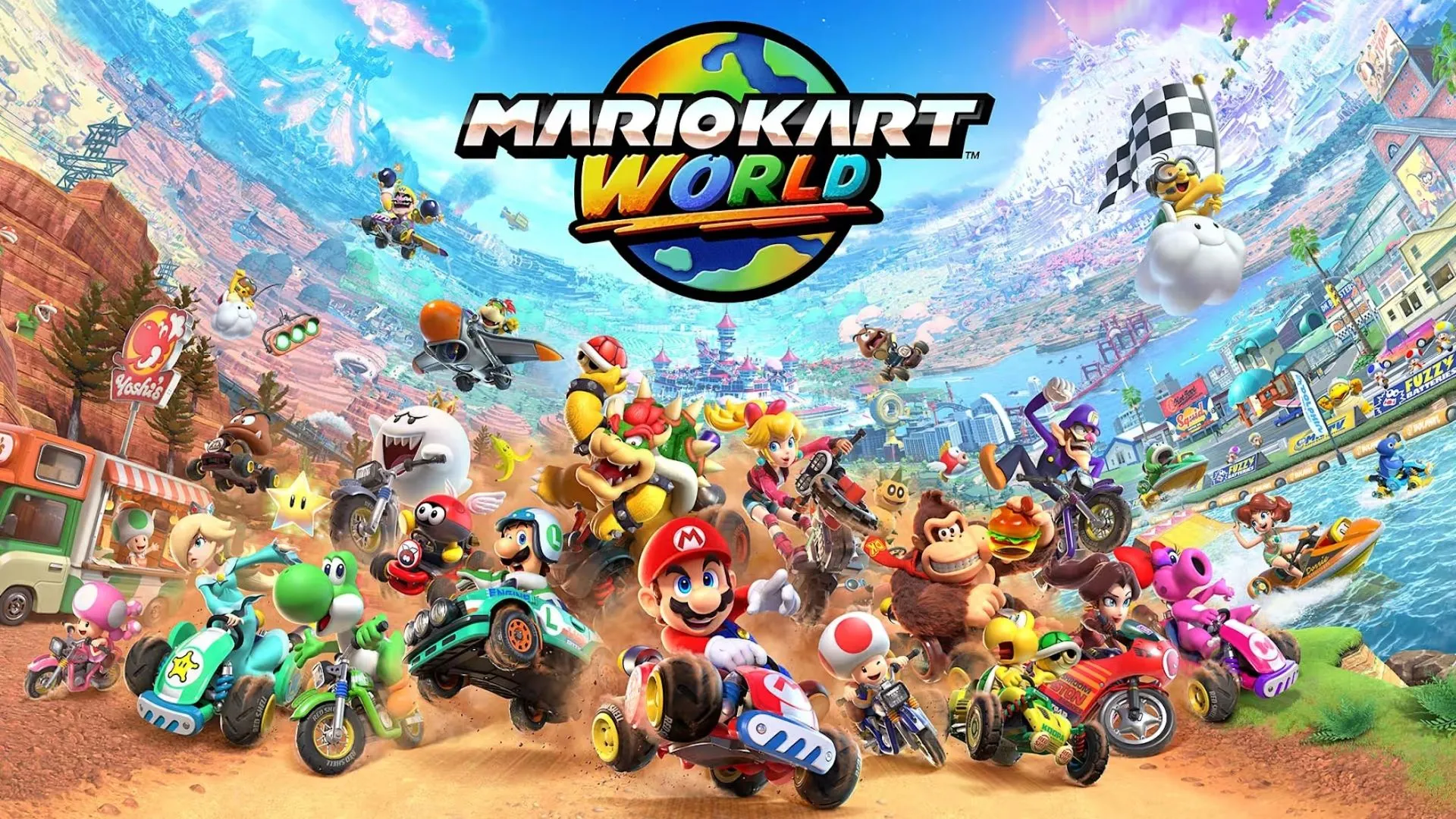 Ảnh chụp màn hình gameplay Mario Kart World, minh họa đường đua và xe đua