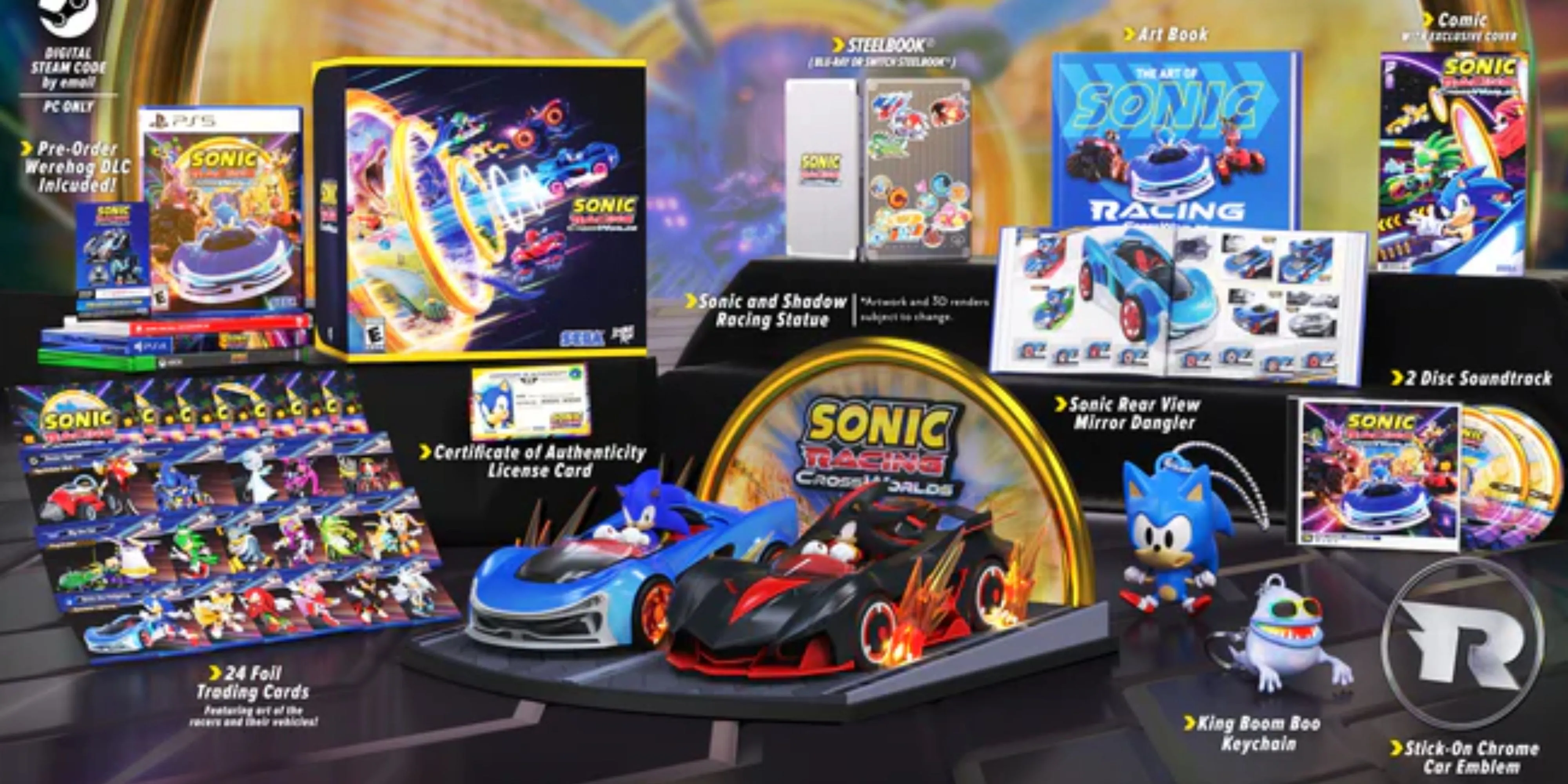 Bộ sưu tập đặc biệt của game Sonic Racing CrossWorlds với tượng Sonic &amp; Shadow, artbook và quà tặng kèm