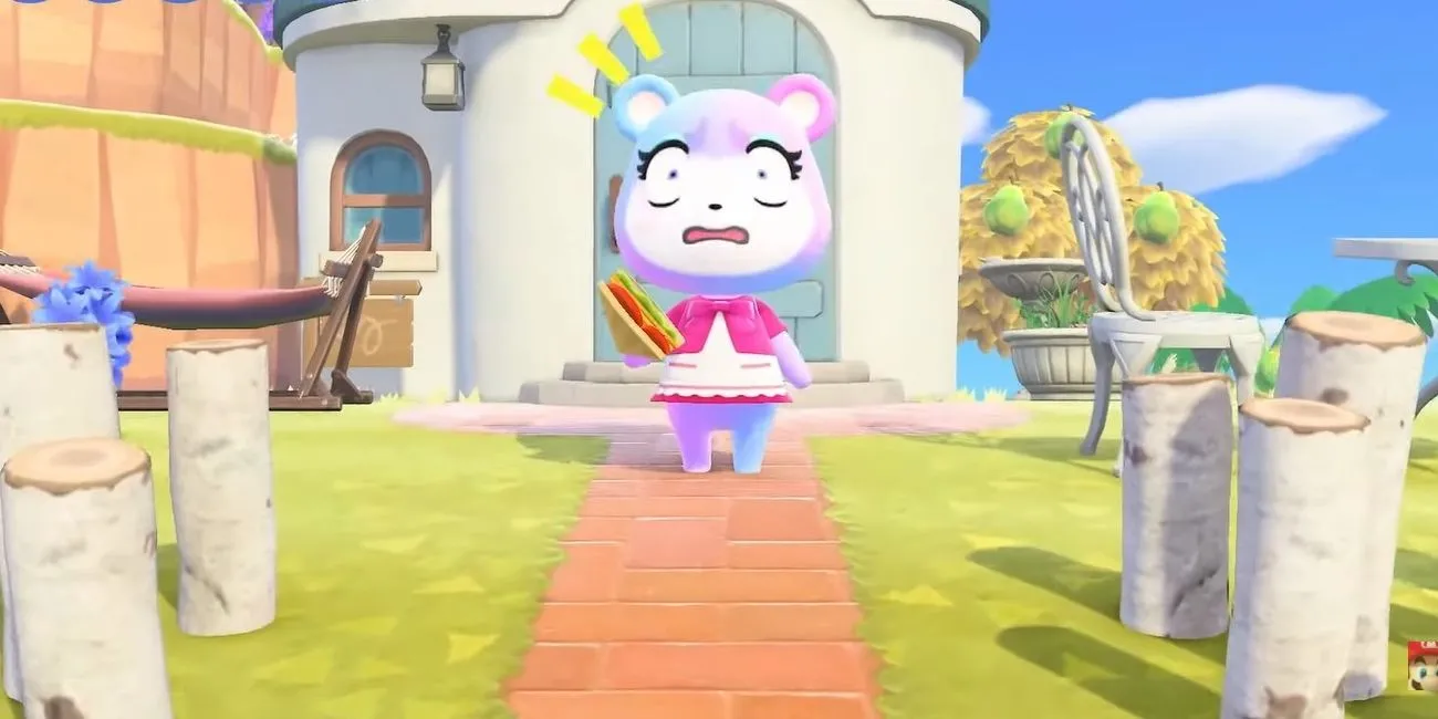 Cư dân Judy trong Animal Crossing New Horizons trông ngạc nhiên khi đang cầm chiếc bánh sandwich.