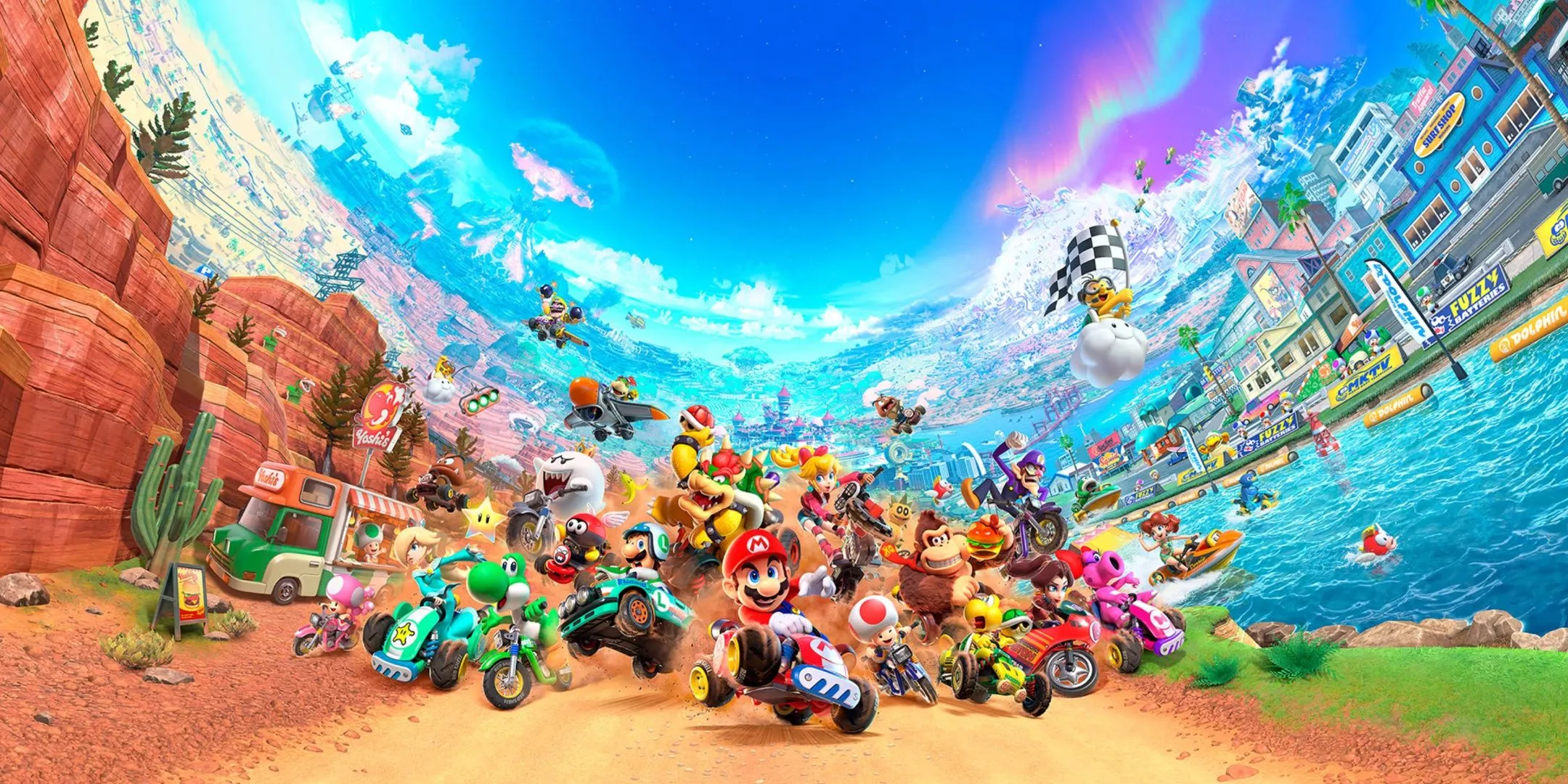 Game thủ Việt phát hiện mẹo né Mai Xanh "bá đạo" trong Mario Kart World nhờ tính năng mới 1 Hình ảnh chính Mario Kart World với các nhân vật đua xe trên đường đua