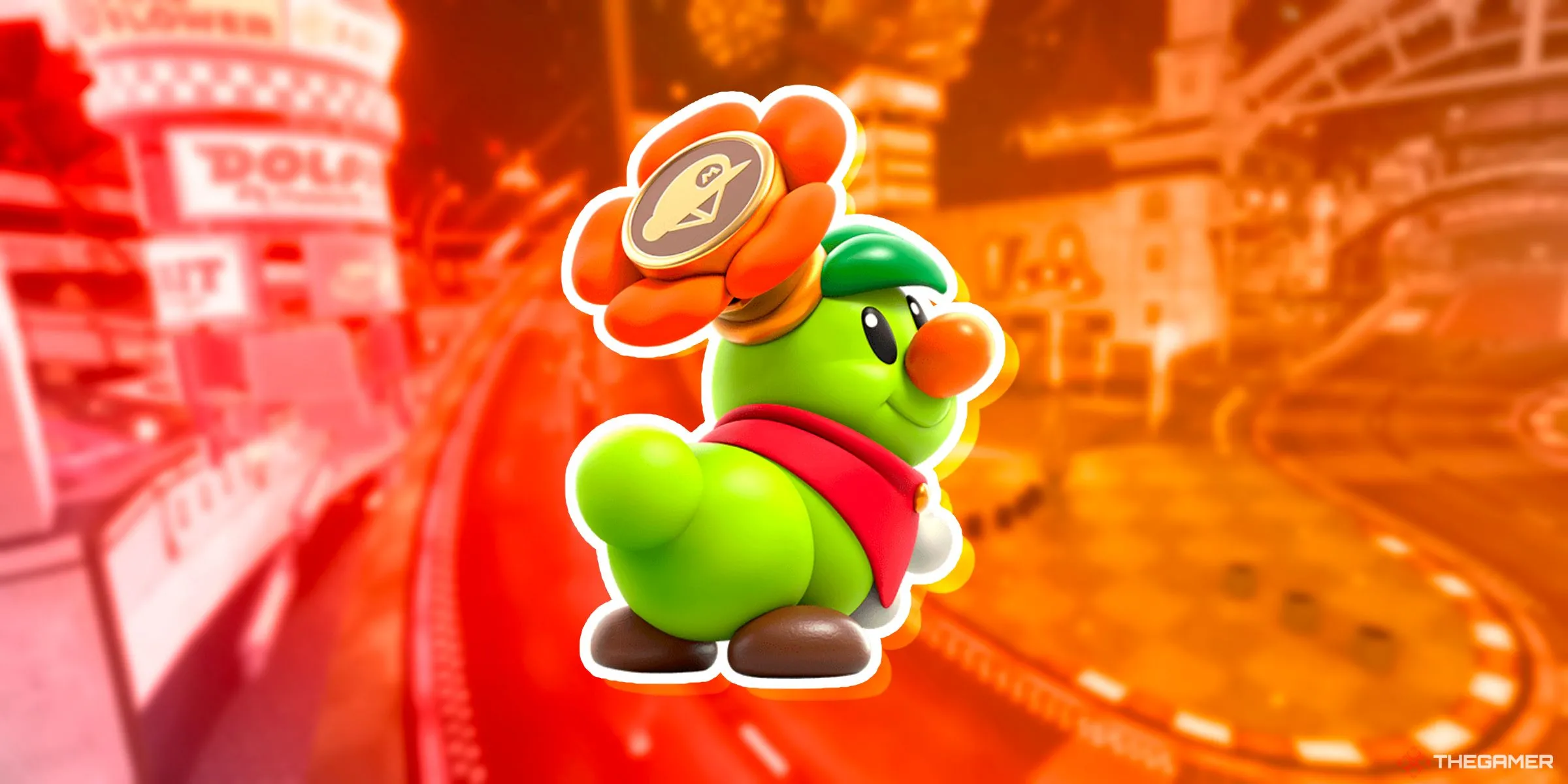 Hoàng tử Florian trong trang phục đua xe trên đường đua Peach Stadium của Mario Kart World