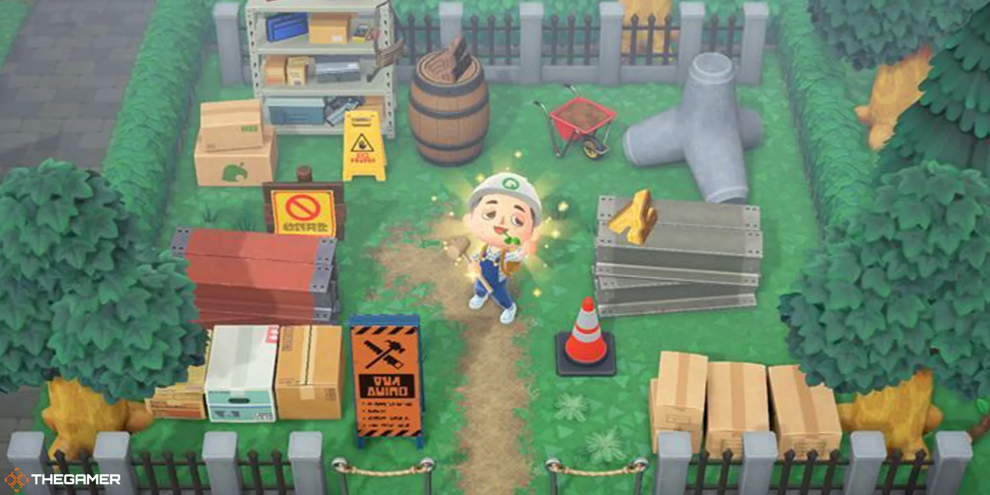 Khu vực xây dựng gần sân bay trong Animal Crossing New Horizons, với các lối đi tùy chỉnh.