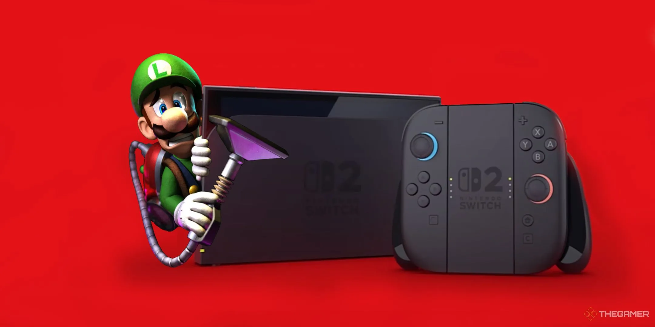Luigi nấp sau máy console Nintendo Switch 2