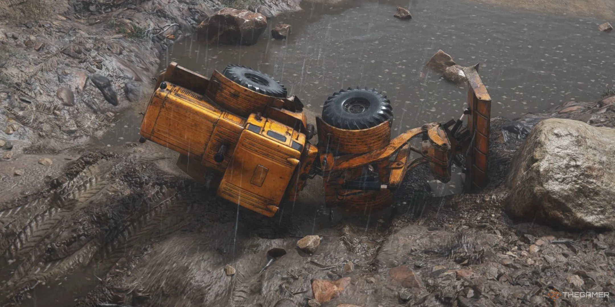 Một chiếc máy ủi bị lật trong bùn lầy trong RoadCraft