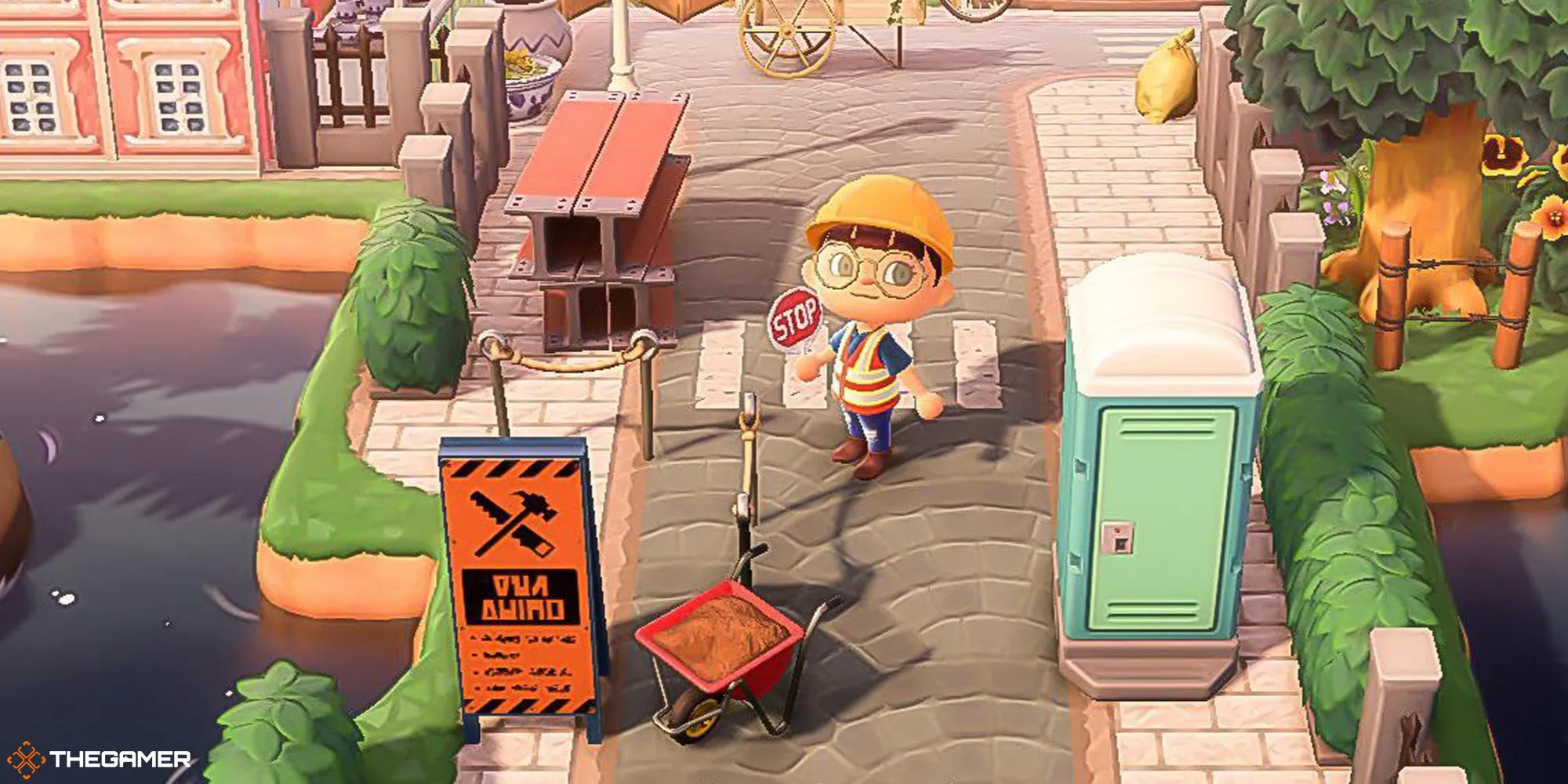 Người chơi Animal Crossing New Horizons trong trang phục xây dựng, gần khu vực thiết kế đảo đang xây dựng.