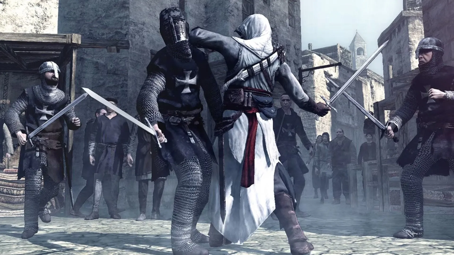 Altair thực hiện động tác Parkour điêu luyện trên nóc nhà trong game Assassin's Creed
