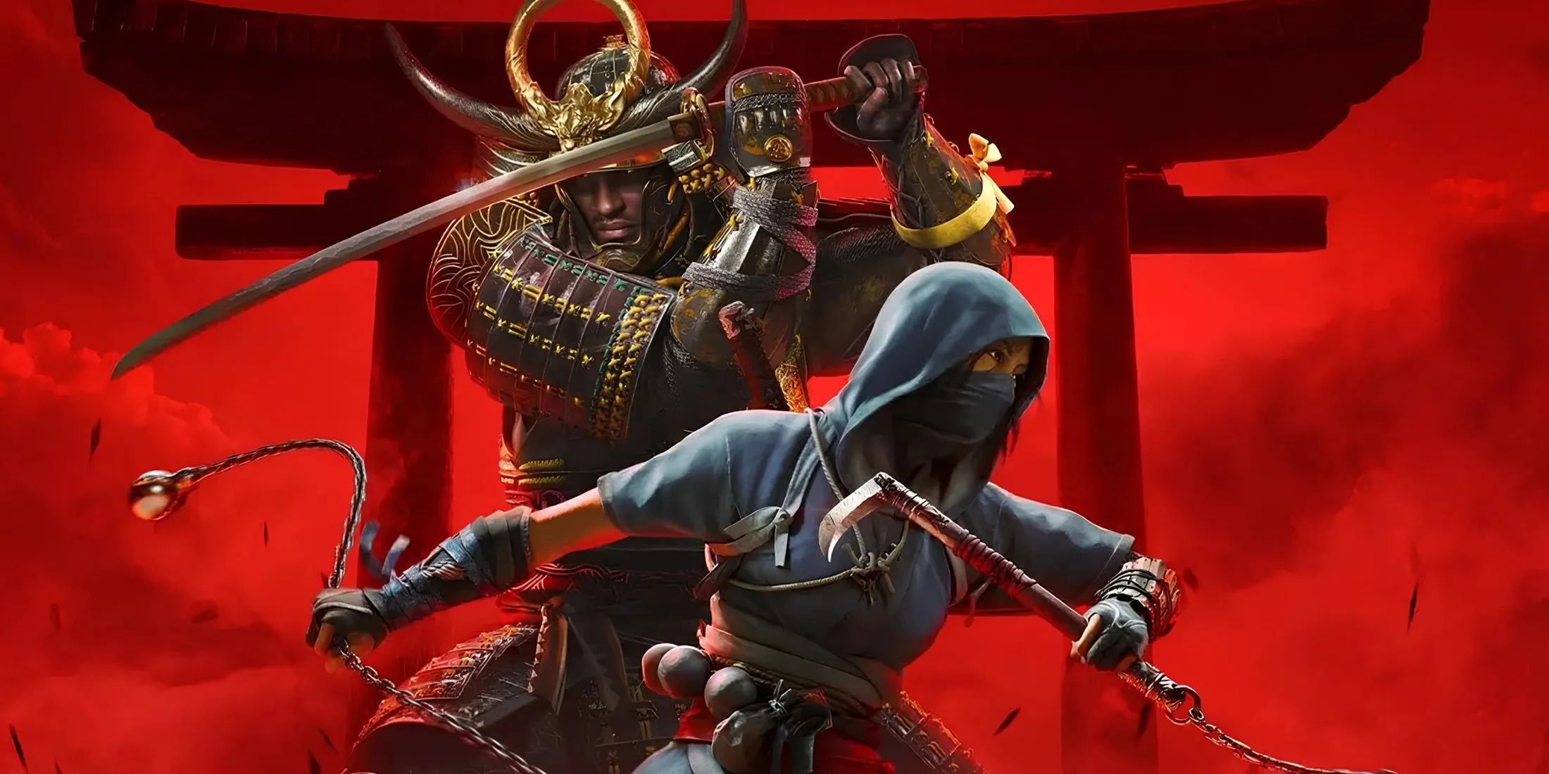 Ảnh bìa chính thức của Assassin's Creed Shadows với hai nhân vật Naoe và Yasuke đầy uy lực