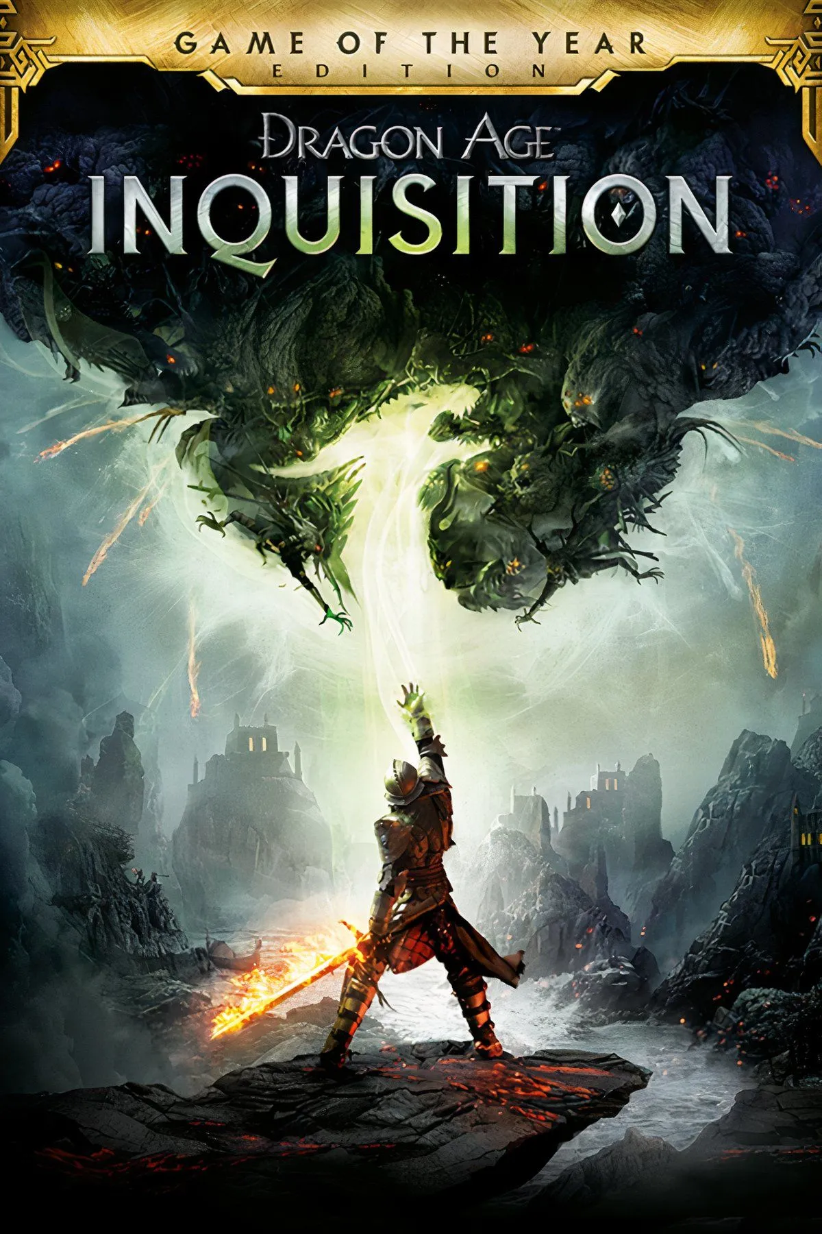 Ảnh bìa game Dragon Age: Inquisition, thể hiện không khí giả tưởng đen tối của một tựa game nhập vai phiêu lưu kỳ diệu.