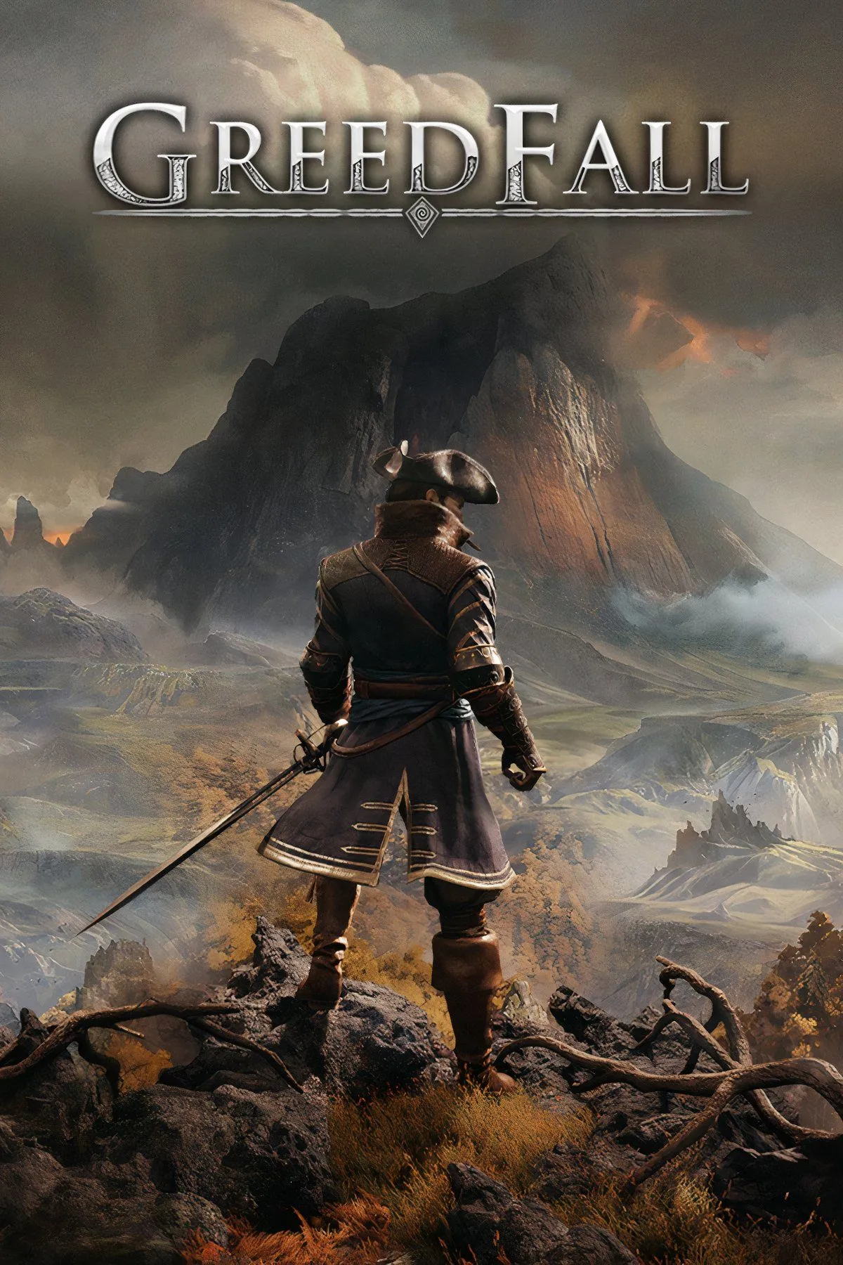Ảnh bìa game GreedFall, với các nhân vật trong trang phục và bối cảnh thuộc địa kỳ ảo, gợi cảm giác phiêu lưu nhập vai.