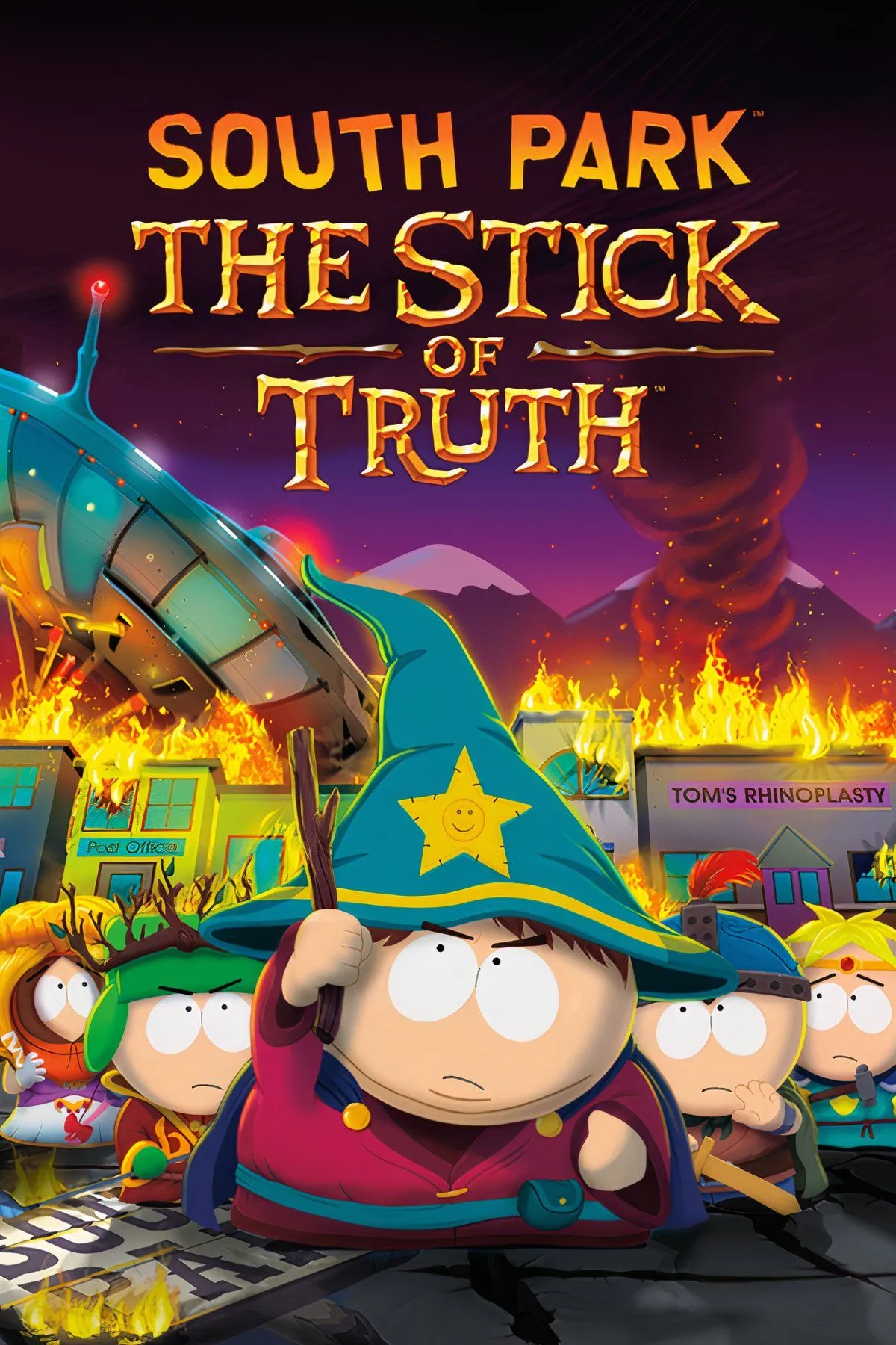Ảnh bìa game South Park: The Stick of Truth, với các nhân vật quen thuộc của South Park trong vai trò nhập vai hài hước.