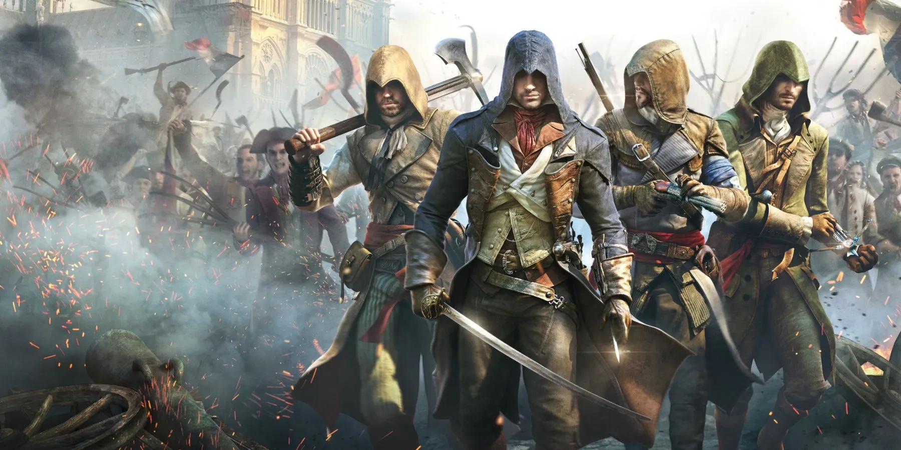 Arno Dorian của Assassin's Creed Unity quan sát Paris từ trên cao, thời Cách mạng Pháp