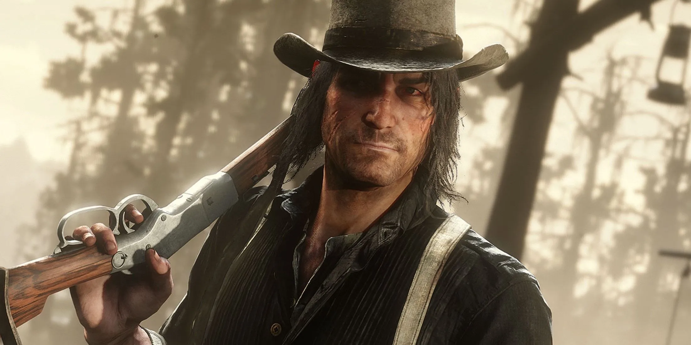 Arthur Morgan của Red Dead Redemption 2 trong bộ trang phục miền Viễn Tây đầy bụi bặm