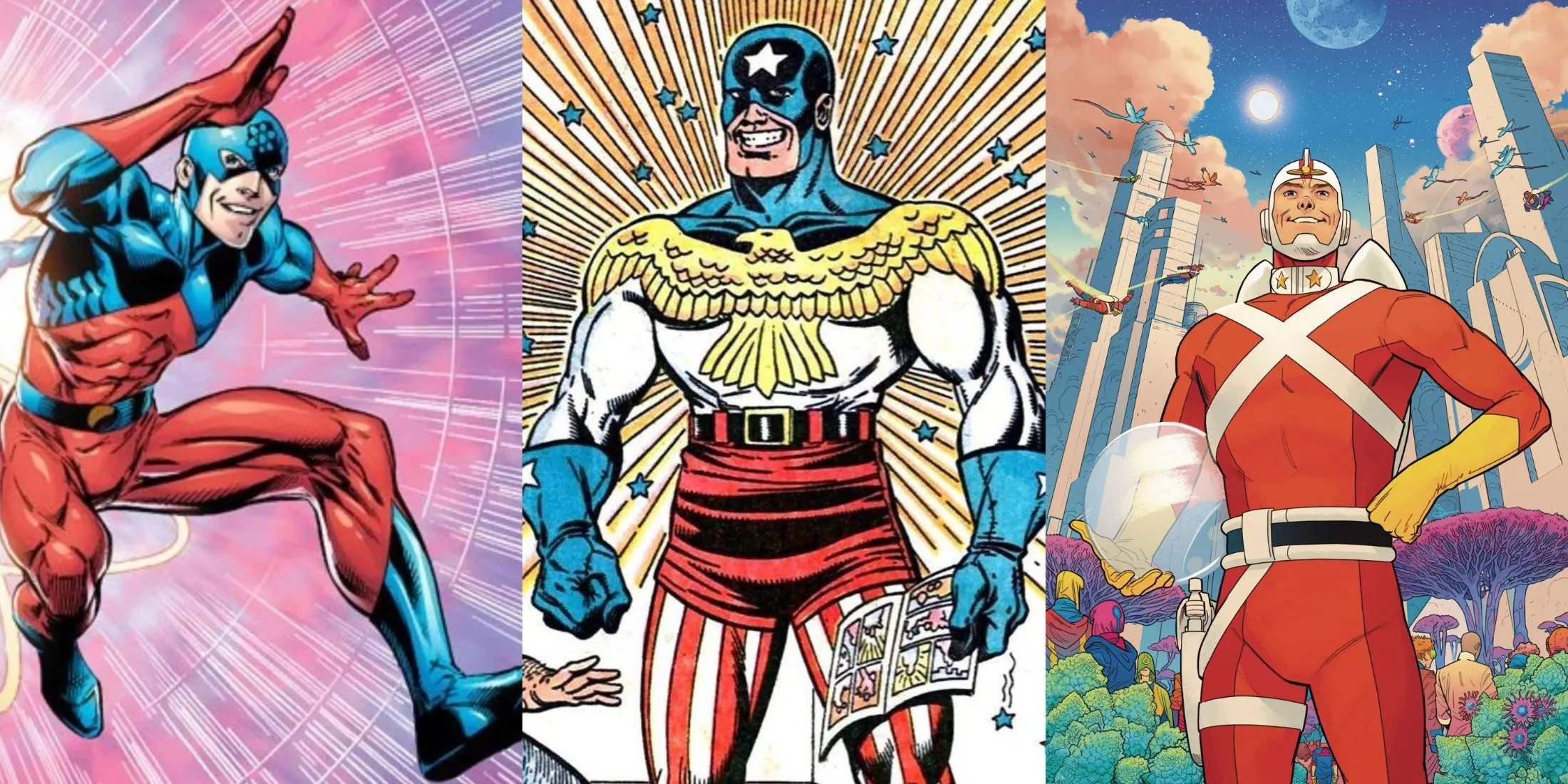 Atom, General Glory và Adam Strange, những anh hùng DC với sức mạnh đa dạng, đại diện cho tinh thần cống hiến dù không sở hữu khối tài sản khổng lồ như Blue Beetle.