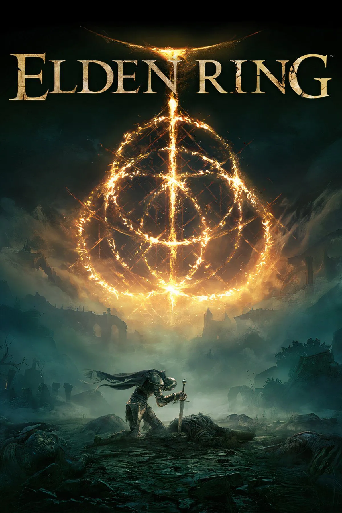 Bìa game Elden Ring với nhân vật Tarnished cưỡi ngựa Torrent và Cây Erdtree vĩ đại