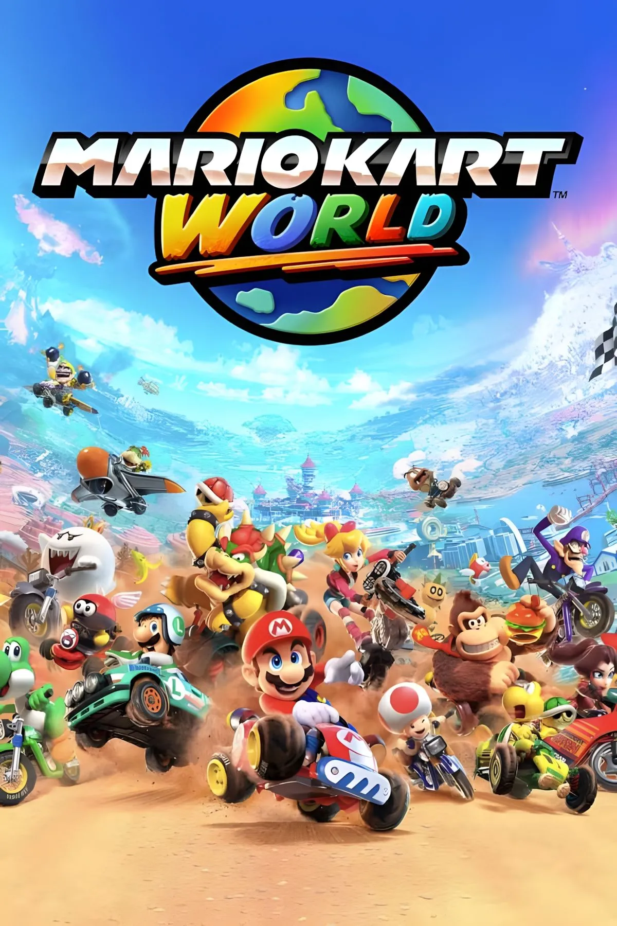 Bìa game Mario Kart World với các nhân vật quen thuộc của Nintendo