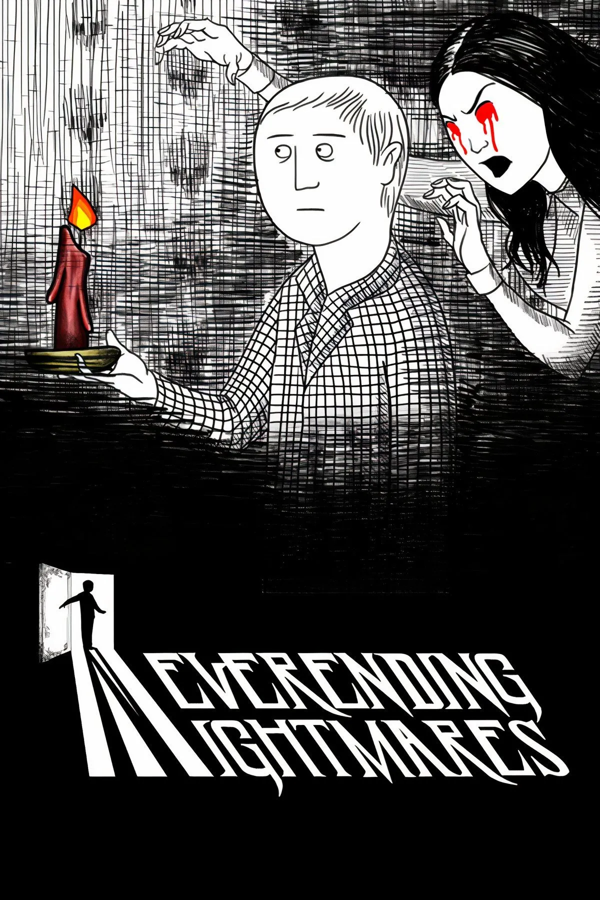 Bìa game Neverending Nightmares với hình ảnh kinh dị đơn sắc