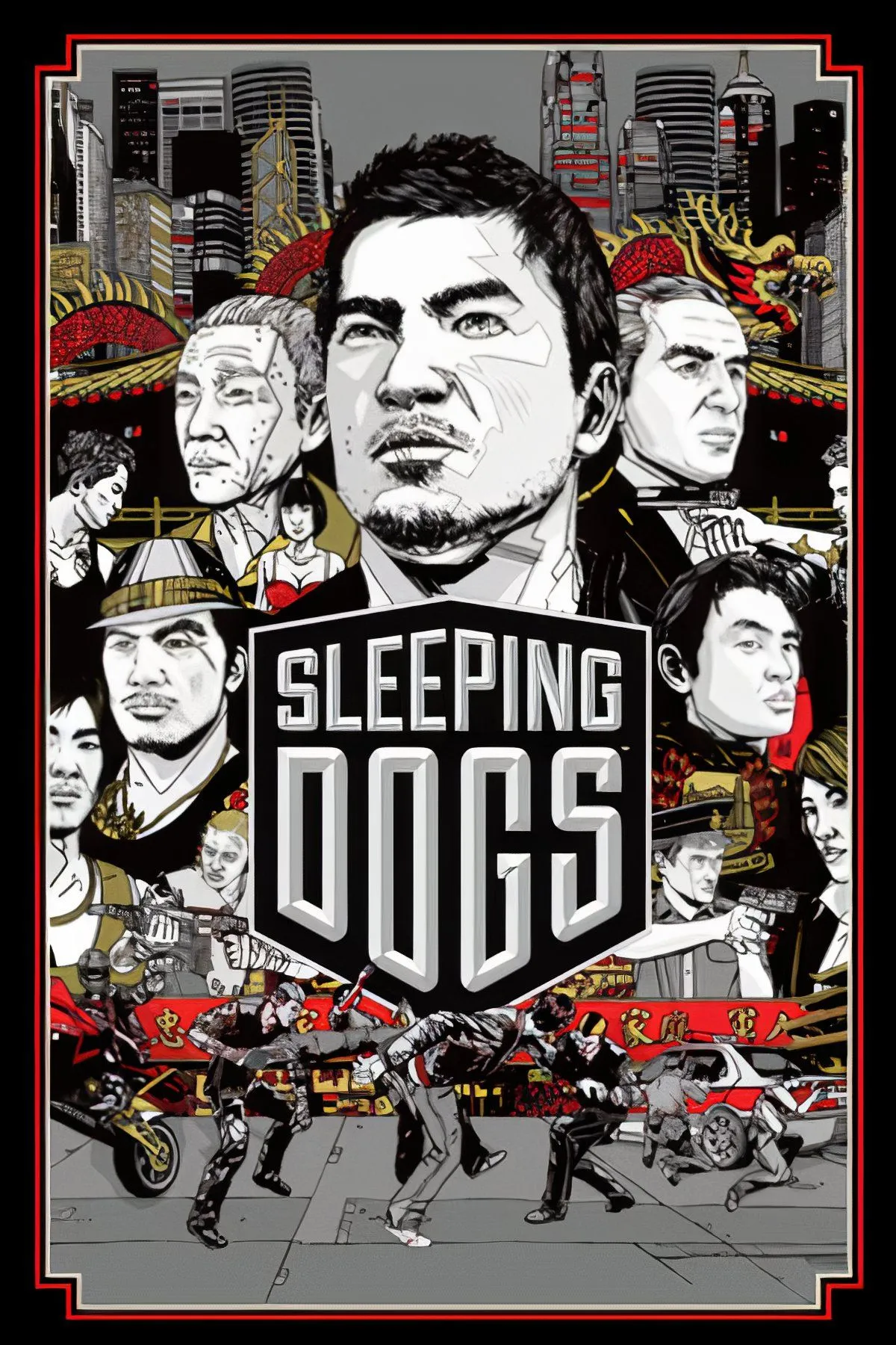 Bìa game Sleeping Dogs với nhân vật chính Wei Shen trên nền thành phố Hong Kong rực rỡ và các pha hành động kịch tính