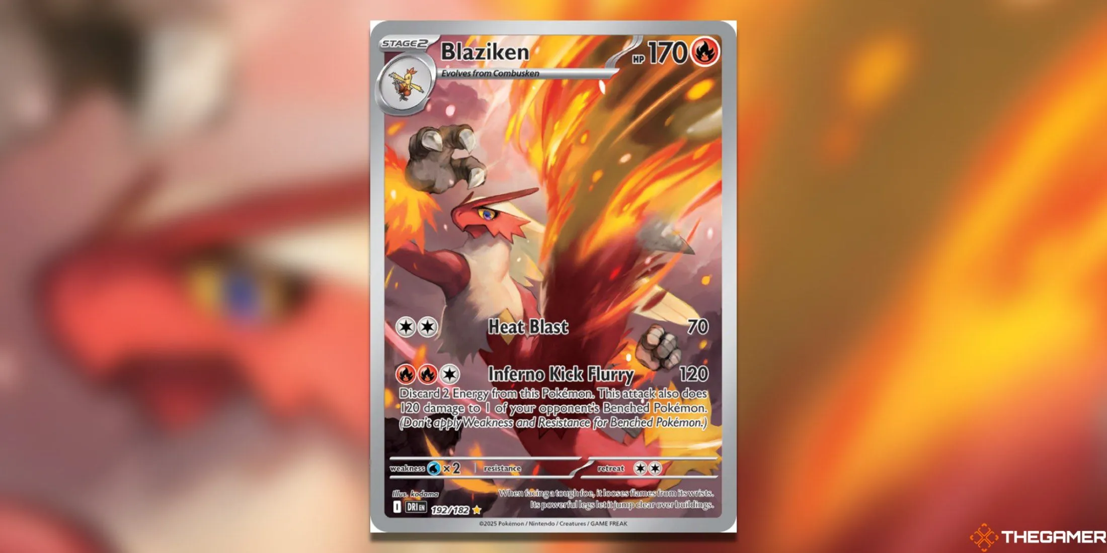 Blaziken trong lá Illustration Rare của bộ Destined Rivals Pokemon TCG, thể hiện một cảnh luyện tập hoặc chiến đấu.