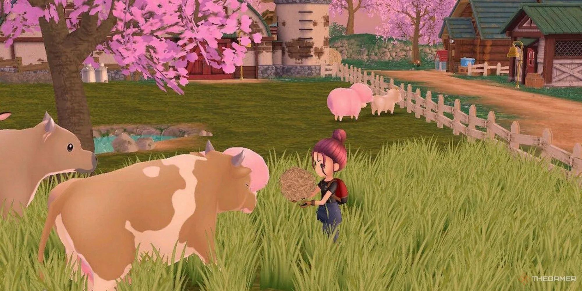 Bò đang ăn cỏ trong Story of Seasons: A Wonderful Life, một trong những game nông trại đình đám