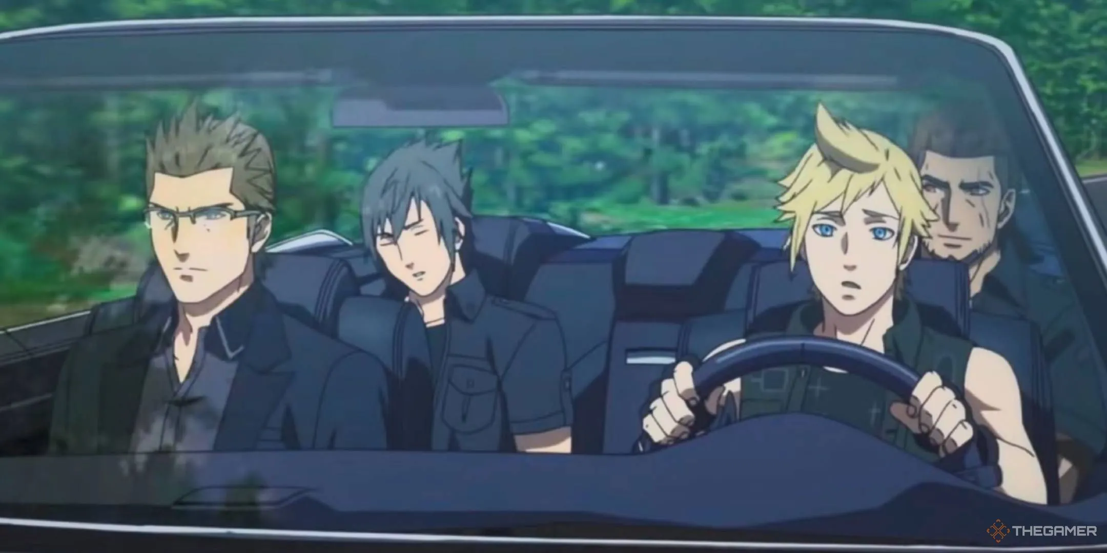 Bộ tứ Noctis, Ignis, Gladio và Prompto trên chiếc Regalia tại Final Fantasy XV.