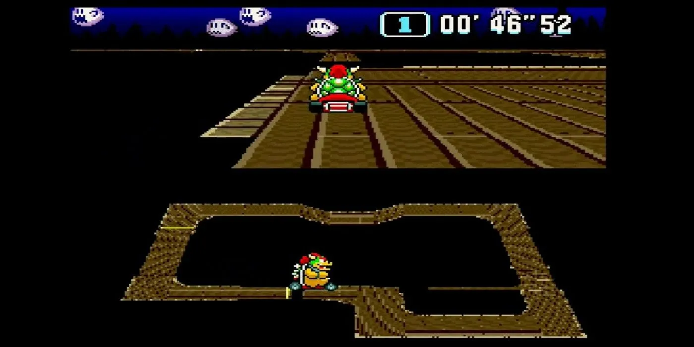 Bowser đang chạy đua một mình trên đường đua Ghost Valley 1 trong Super Mario Kart, biểu tượng cho kỷ lục lap nhanh nhất.