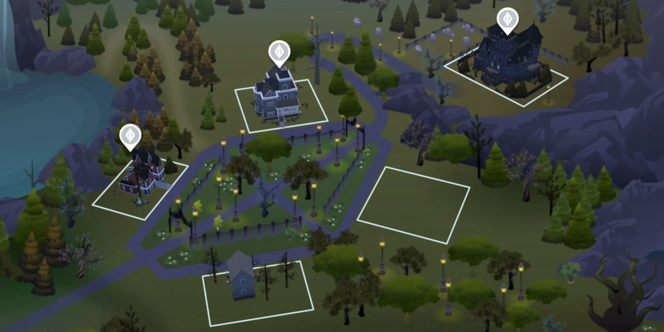 Bức ảnh khu rừng u ám Forgotten Hollow trong The Sims 4, thể hiện không khí ma mị của thế giới ma cà rồng.