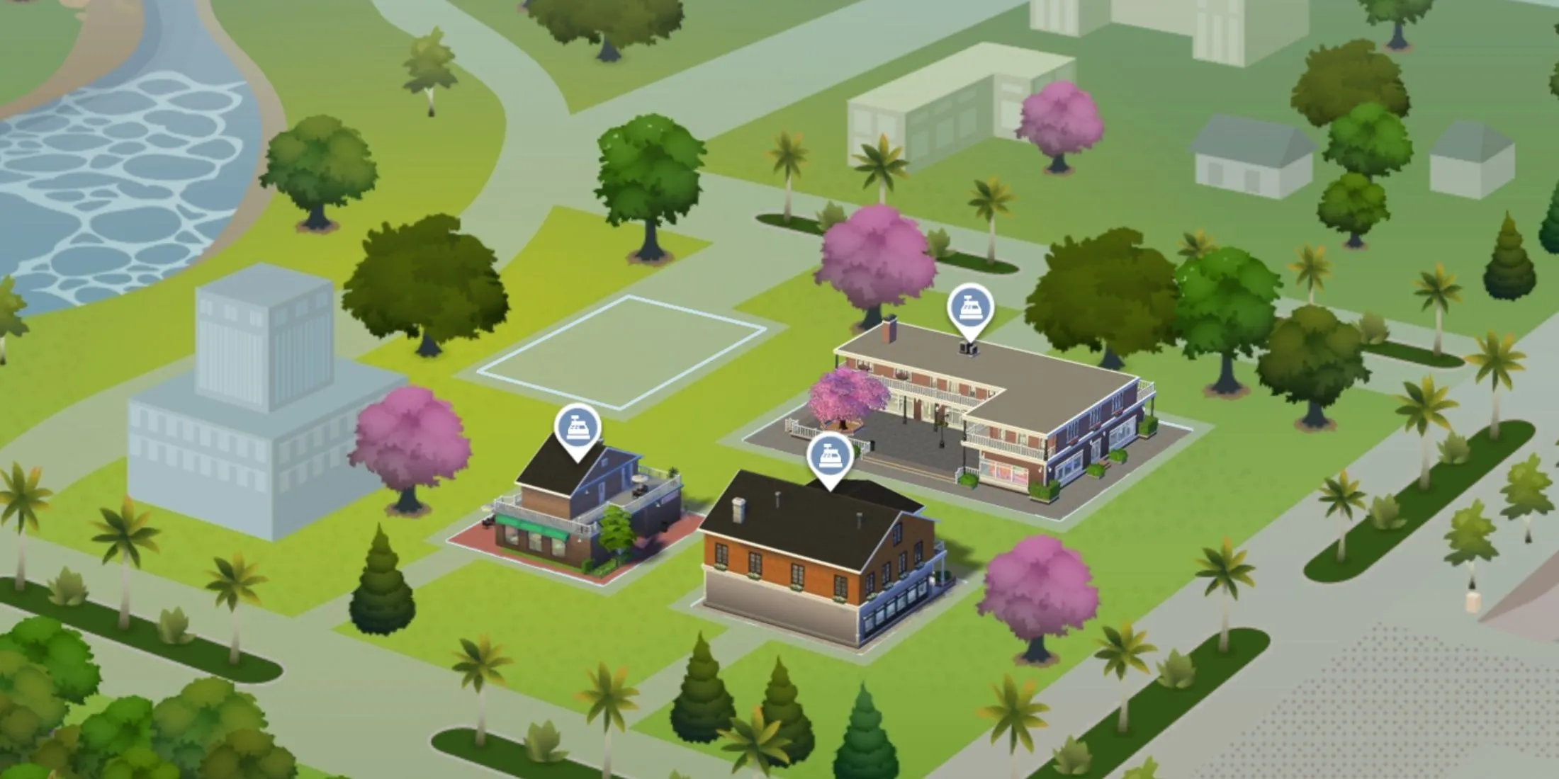Bức ảnh toàn cảnh khu phố Magnolia Promenade trong The Sims 4, nơi tập trung các cửa hàng và khu thương mại.
