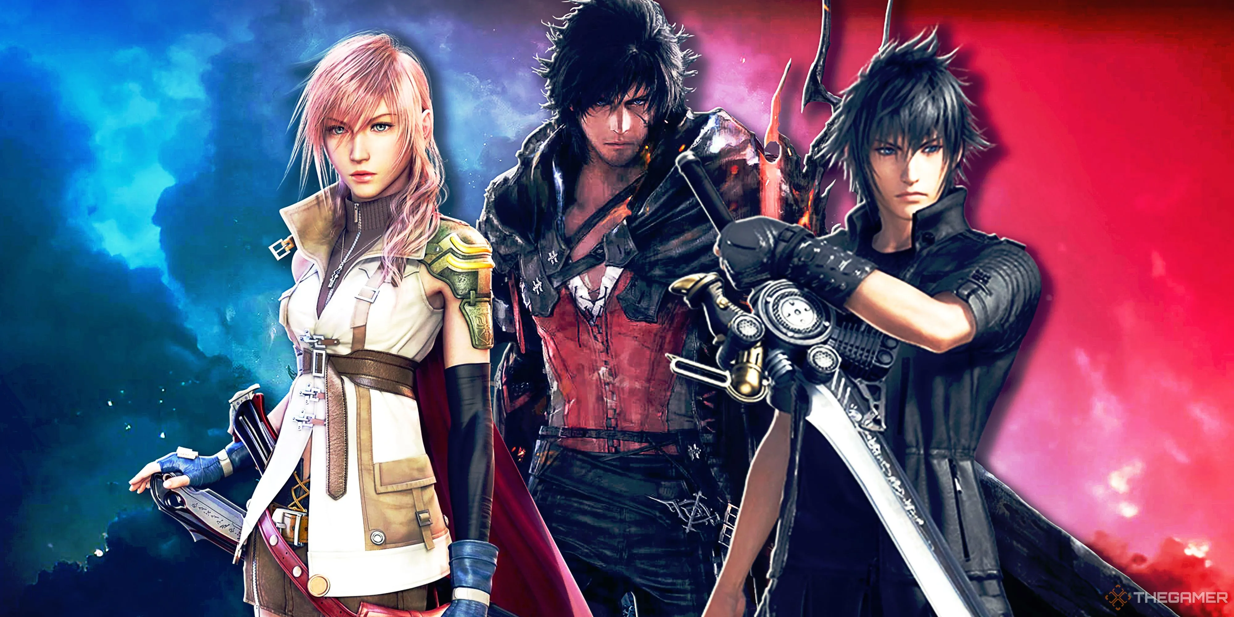Các nhân vật biểu tượng từ Final Fantasy: Lightning (FF13), Clive Rosfield (FF16) và Noctis (FF15)