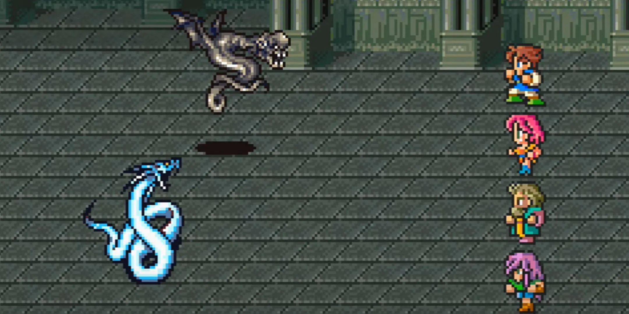Các nhân vật của Final Fantasy 5 chiến đấu với rắn trên màn hình pixel