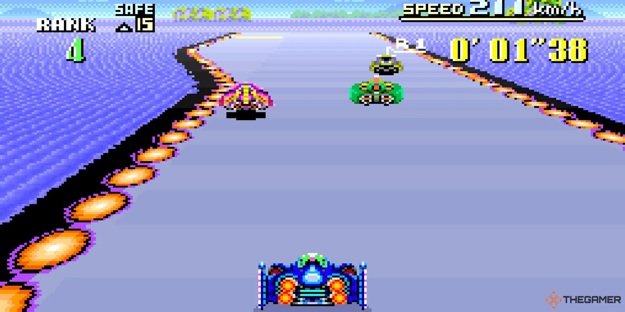 Các phi thuyền Blue Falcon, Fire Stingray, Wild Goose và Golden Fox trong cuộc đua tốc độ F-Zero trên SNES, đại diện cho kỷ lục Mute City.