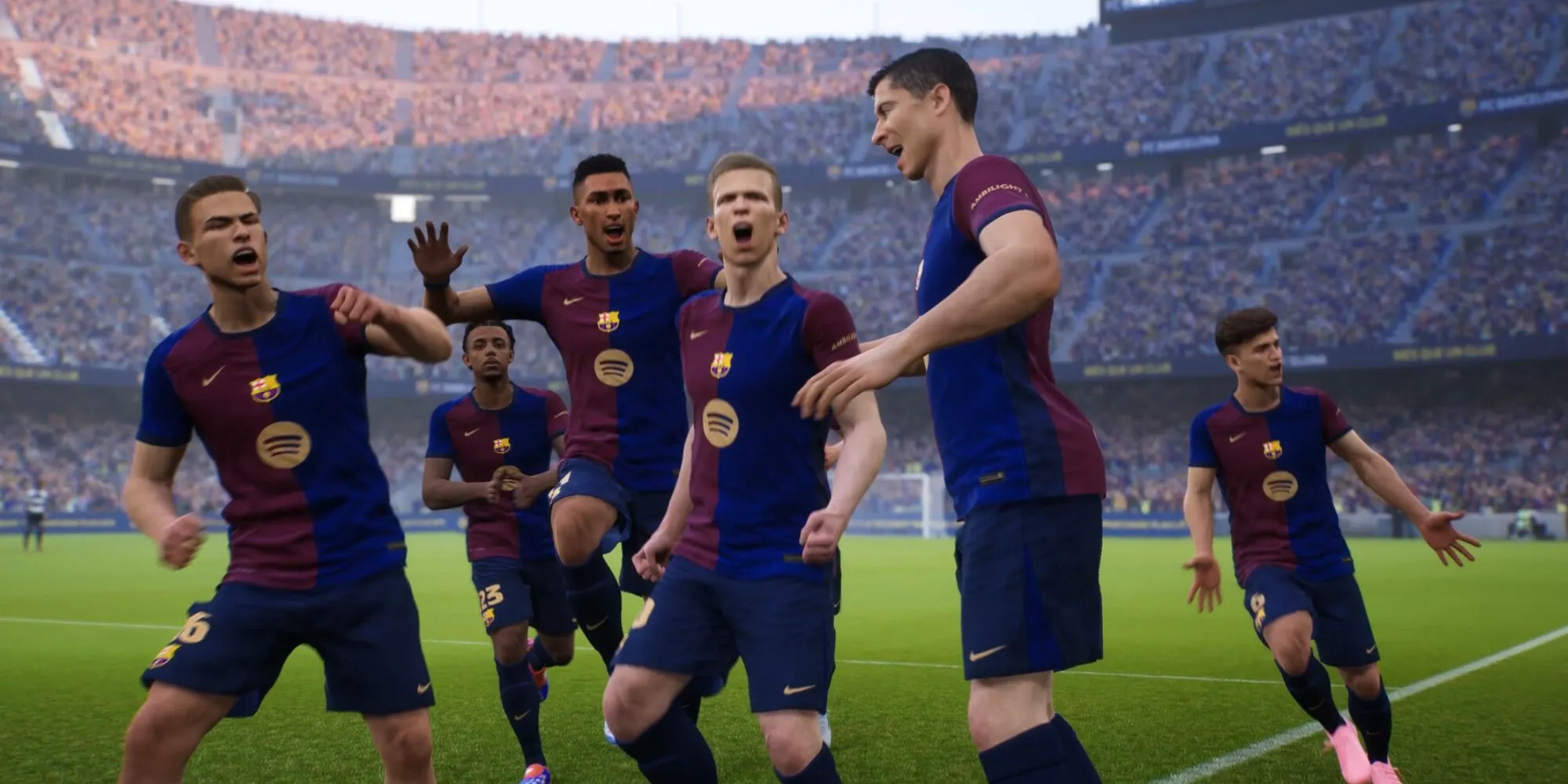 Cảnh ăn mừng bàn thắng của Barcelona trong eFootball, phiên bản game bóng đá sau PES