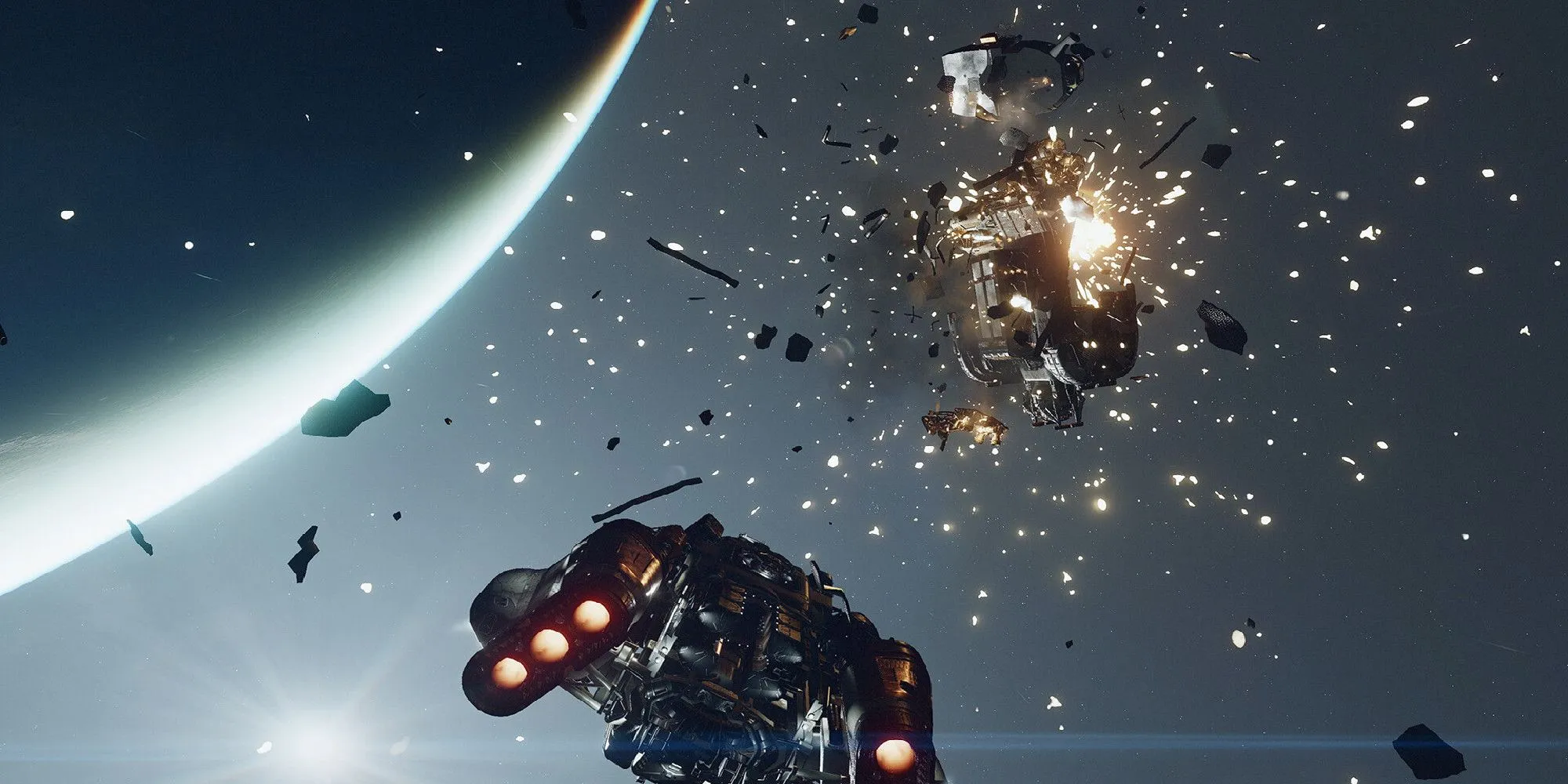 Cảnh chiến đấu giữa các phi thuyền trong game khám phá không gian Starfield.