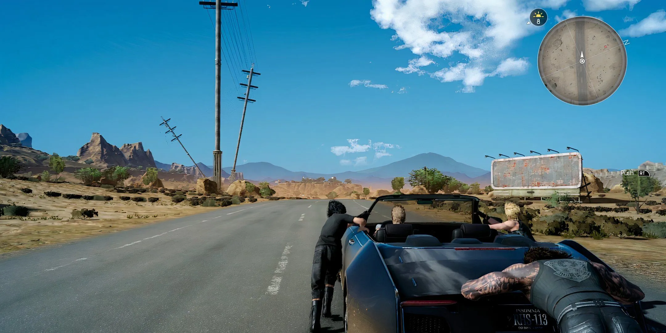 Cảnh mở đầu Final Fantasy 15 với các nhân vật chính đẩy xe
