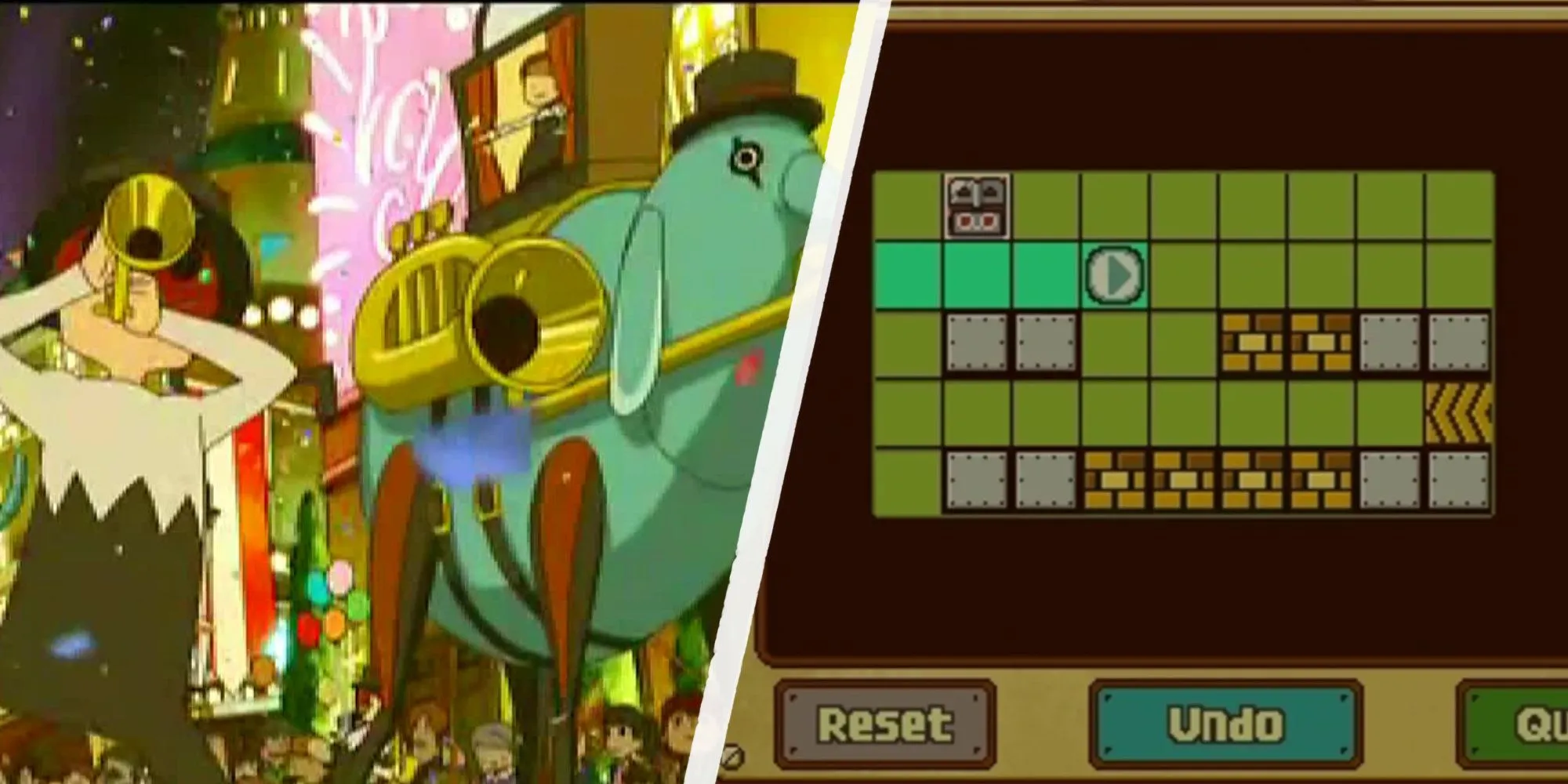 Cảnh trong game giải đố Professor Layton and the Miracle Mask trên Nintendo 3DS