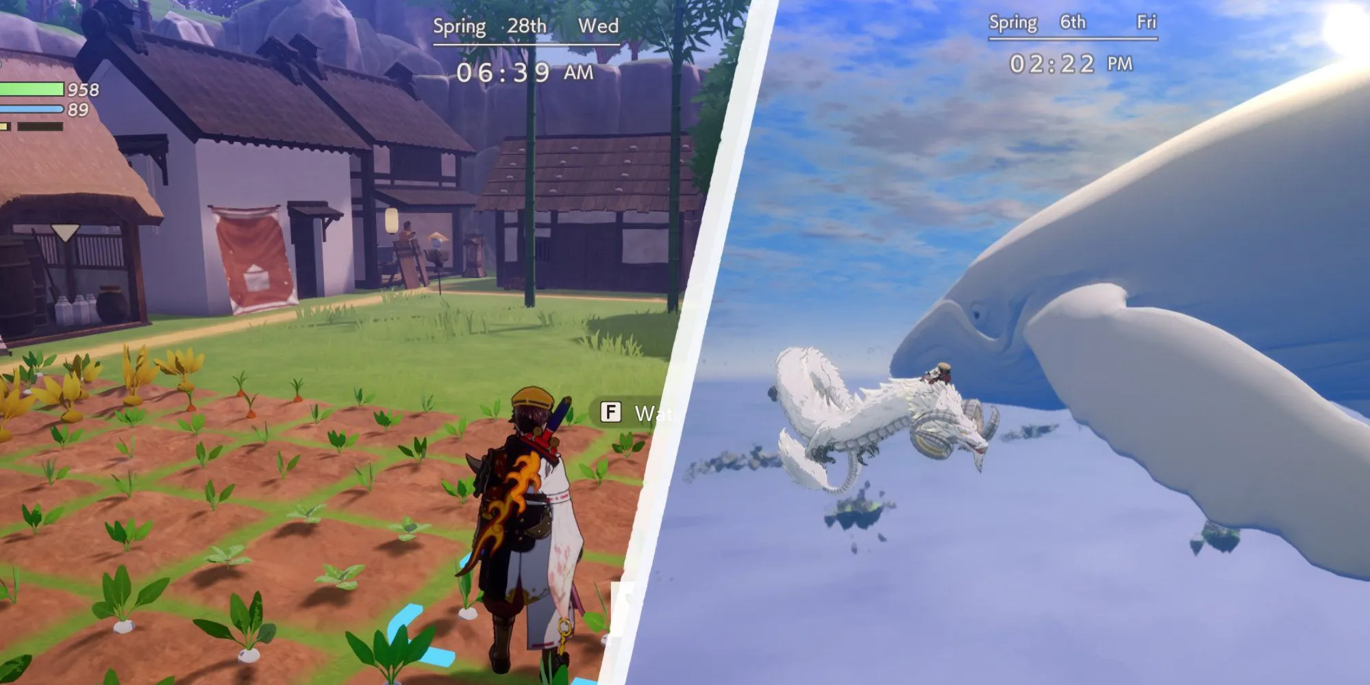 Cảnh xây dựng làng và khám phá các hòn đảo bay trong Rune Factory: Guardians of Azuma