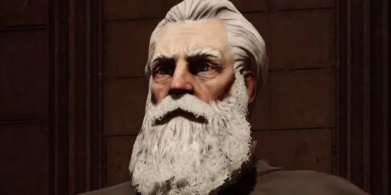 Cha Comstock, phản diện chính trong BioShock Infinite, với bộ râu và mái tóc trắng bạc, khiến ông trông già nua dù mới ở tuổi 30.