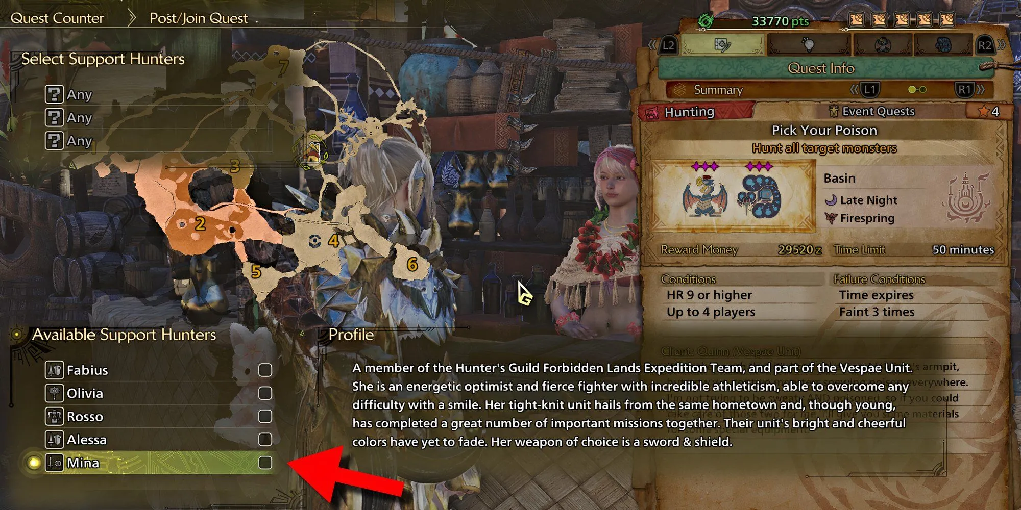 Chân dung thợ săn Mina trong Monster Hunter Wilds với trang bị kiếm và khiên.