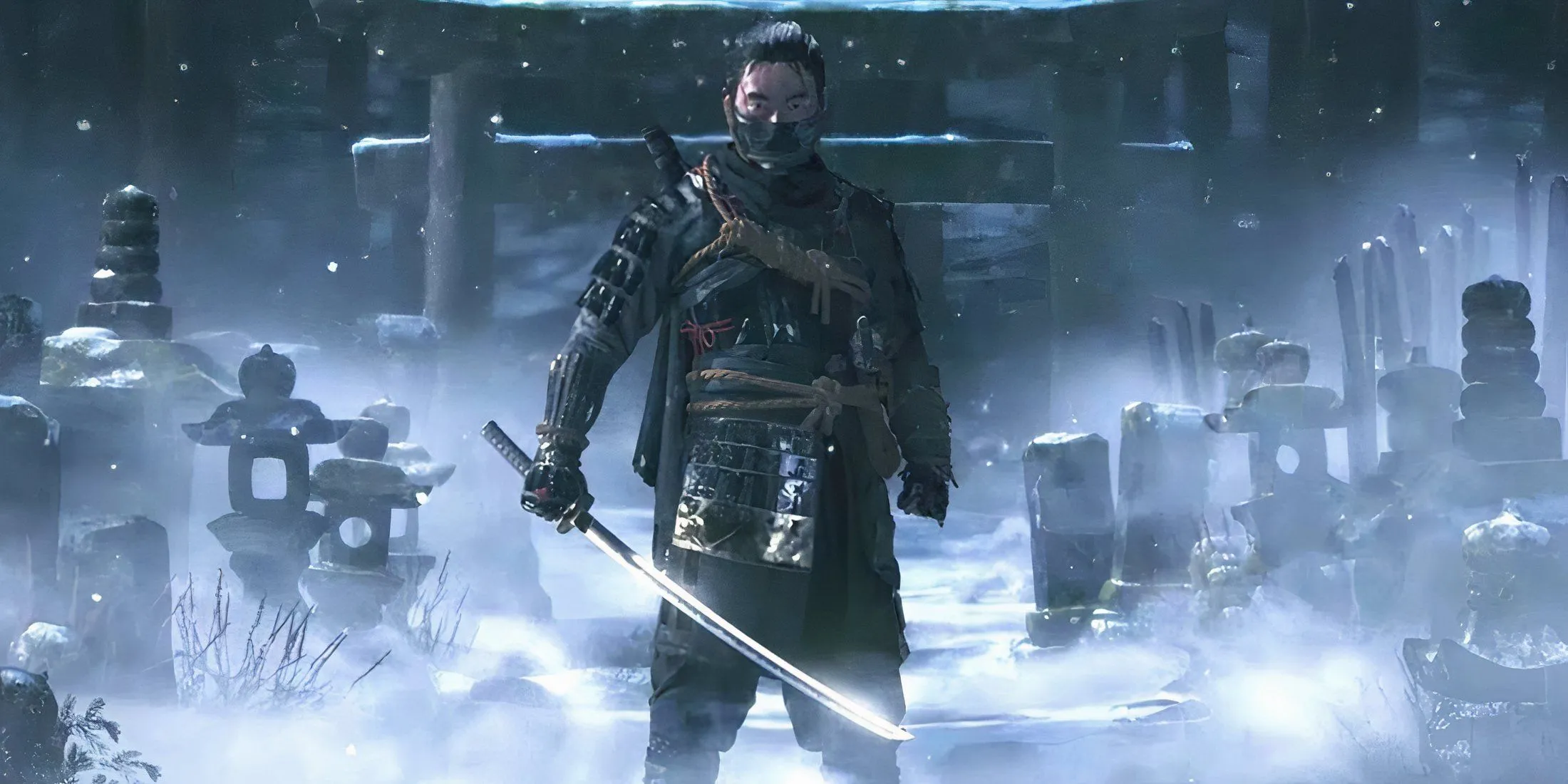 Chiến binh Jin Sakai bước đi giữa cảnh tuyết phủ tuyệt đẹp trong Ghost of Tsushima